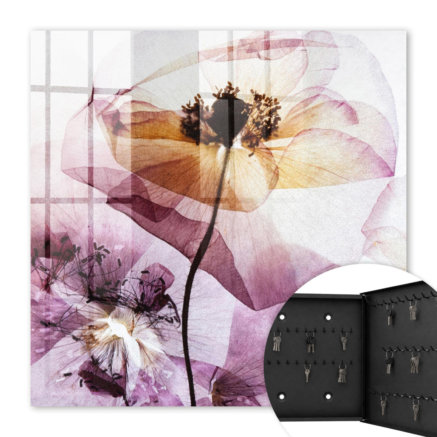 SCHLÜSSELBOX Schwarz 30x30 cm- Türöffnung nach rechts - Florale Eleganz - Lila, Metall (30/30/5cm) - TULUP