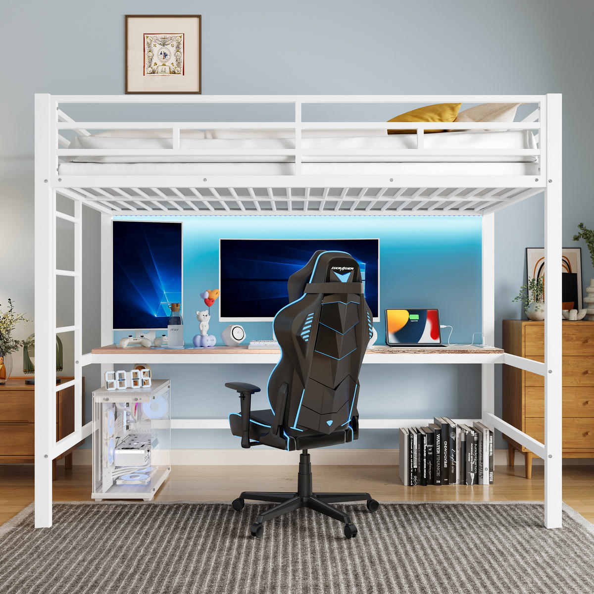 HOCHBETT 90x200cm Weiß Metall Schreibtisch USB Steckdose EN747 - Weiß, Metall (90/200cm) - FLIEKS