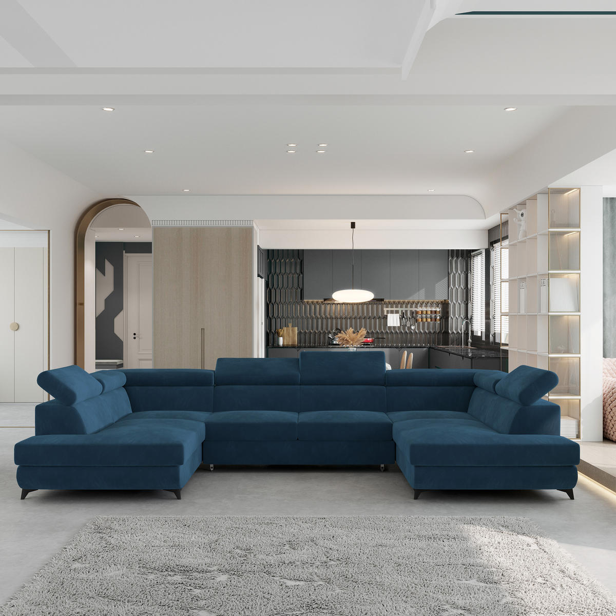 ROHOVÁ SEDAČKA VINTESSA modrá - modrá/černá, kov/dřevo (323/190cm) - MASSENO