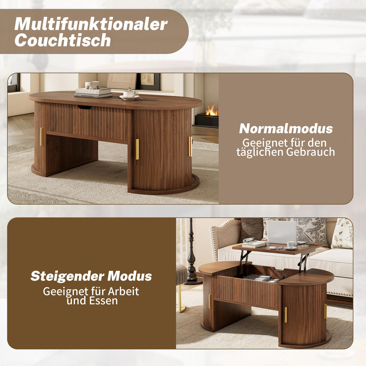 COUCHTISCH höhenverstellbar Schiebetüren Stauraum modern - Walnussfarben, Holzwerkstoff (100/50/40.5cm) - FLIEKS