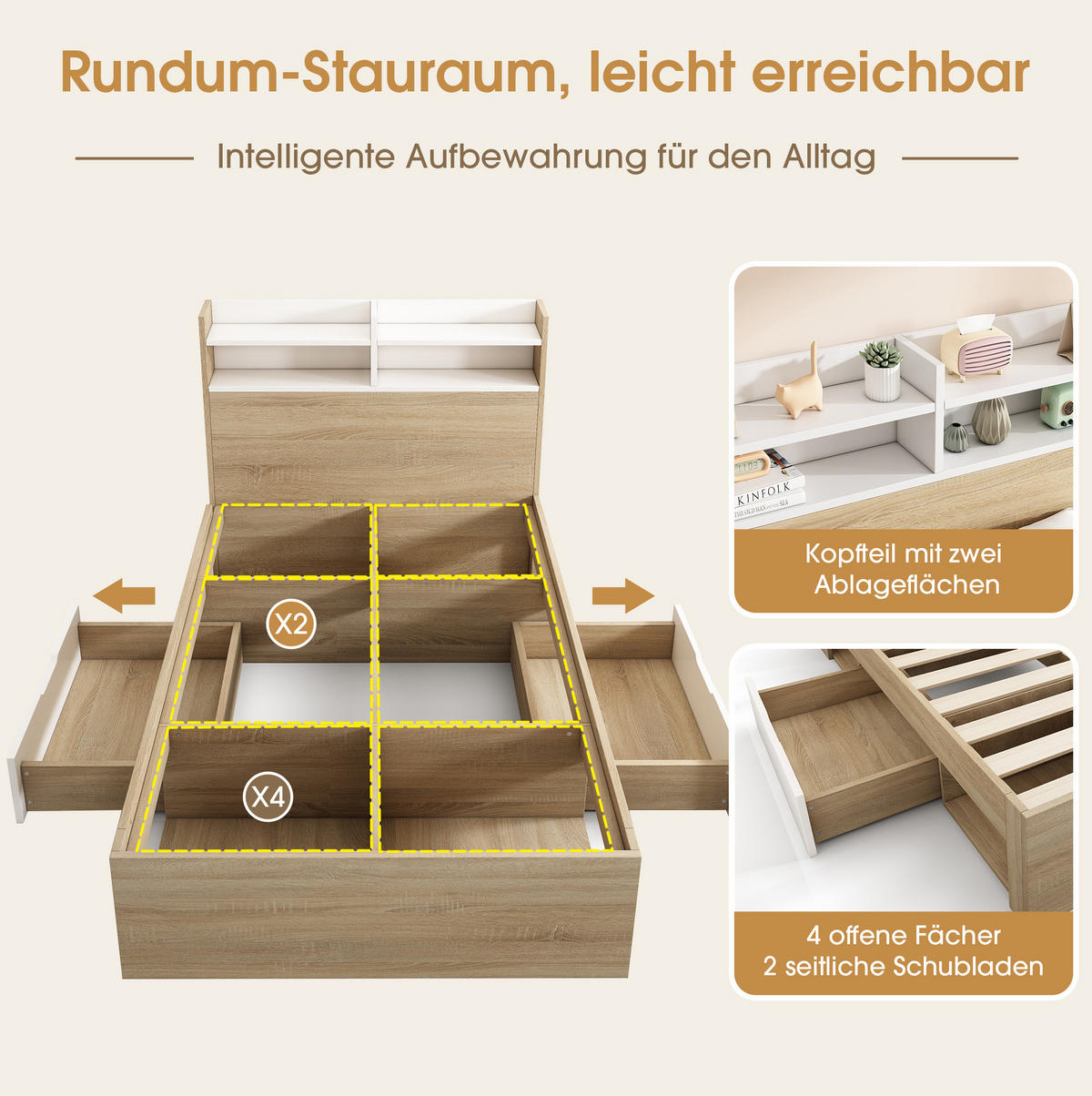 EINZELBETT 90/200 cm mit Kopfteil-Ablage, 2 Schubladen und offenen Fächern aus Holz, Weiß/Eiche - Weiß, Holzwerkstoff (90/200cm) - Redom