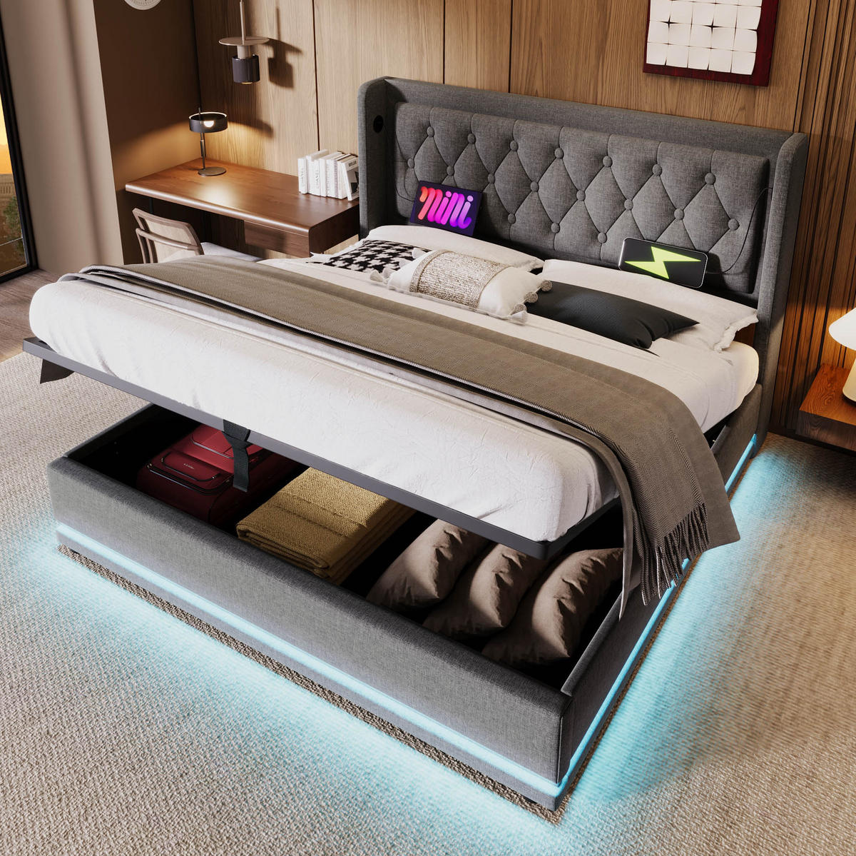 POLSTERBETT 140/200 cm Grau aus Baumwolle mit Stauraum LED und USB/Typ-C mit Matratze - Grau, Textil (140/200cm) - OKWISH