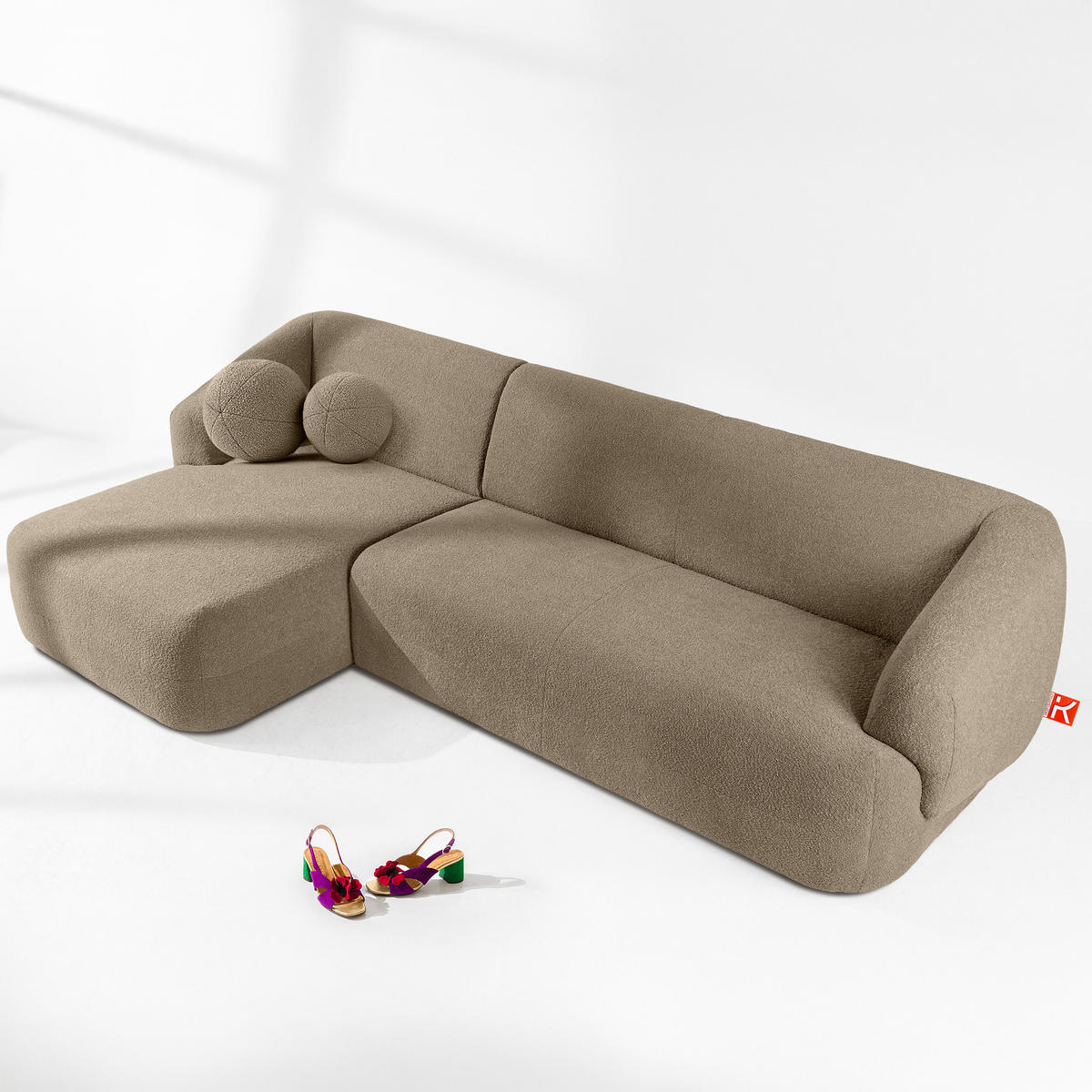ECKSOFA LINKS VIRA, Beige, Bouclé - Beige/Schwarz, Holz/Holzwerkstoff (300/160cm) - KONSIMO®