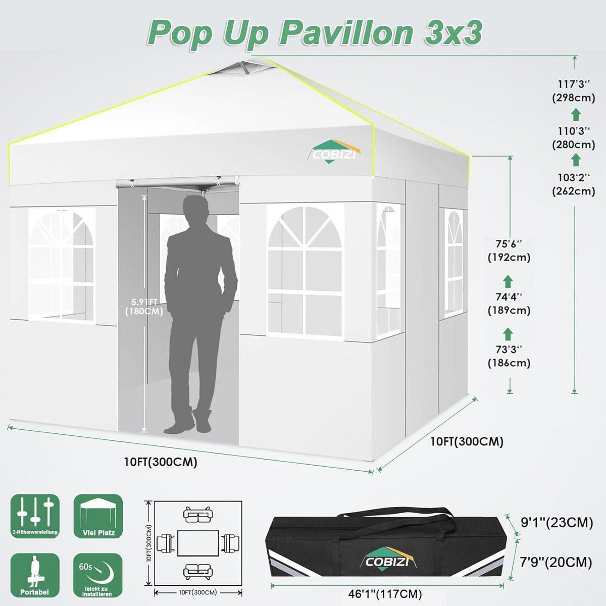 FALTPAVILLON 3x3m Weiß mit 4 Seitenwänden - Weiß, Textil (300/298.2/300cm)