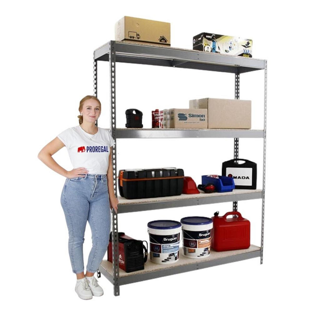 SCHWERLASTREGAL Wood Beast Four HxBxT 200 x 150 x 45 cm 4 Ebenen Fachlast 600 kg Grau - Grau, Metall (150/200/45cm) - PROREGAL