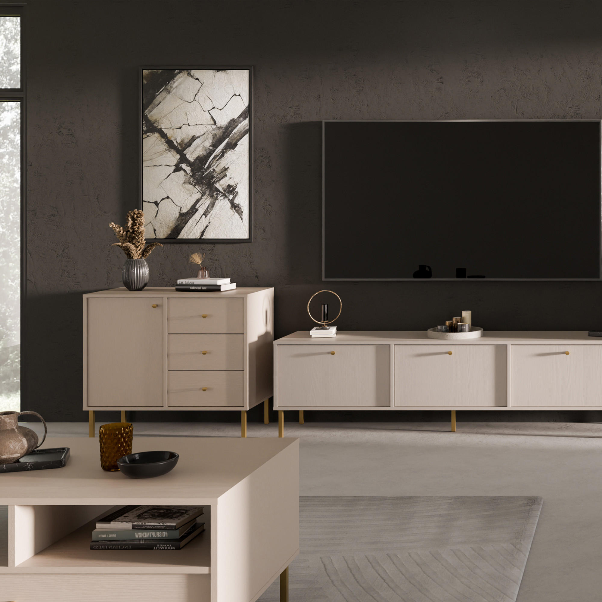 KOMMODE FLOREN, Creme/Gold - Creme, Holzwerkstoff/Metall (83.6/73.9/40.8cm) - KONSIMO®