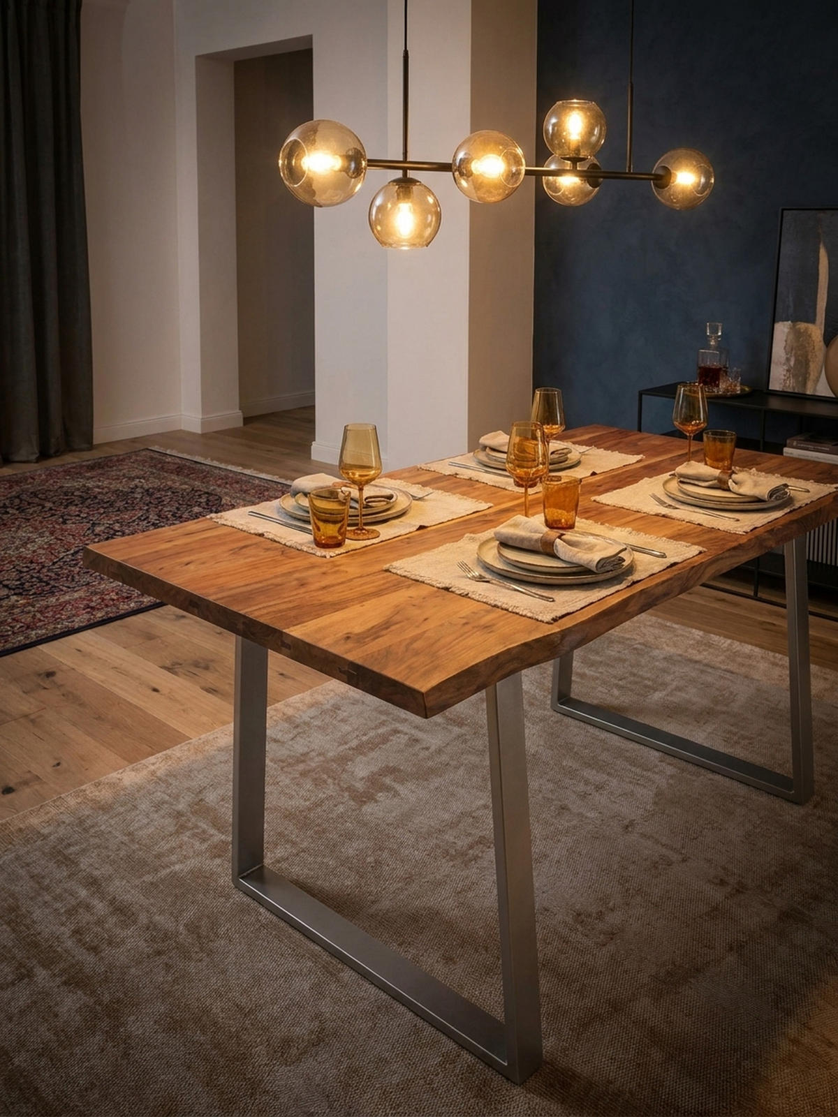 ESSTISCH Massivholz Baumkante Metallgestell Handgefertigt TARN, Goldbraun-Chrom 140x80x76 cm - Chromfarben/Braun, Holz/Metall (80/140/76cm) - KADIMA DESIGN