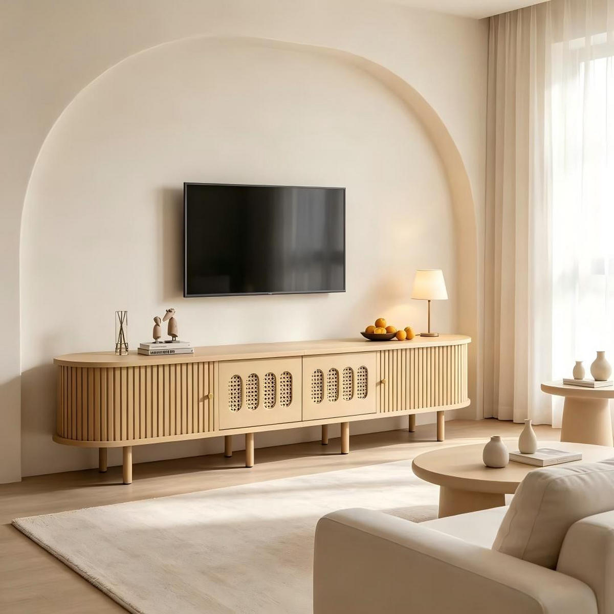 LOWBOARD DE-40408 2 Rattan-Schubladen mit Rolltüren Helle Holzfarbe - Naturfarben, Holzwerkstoff (180/40/40cm) - ComfortXL