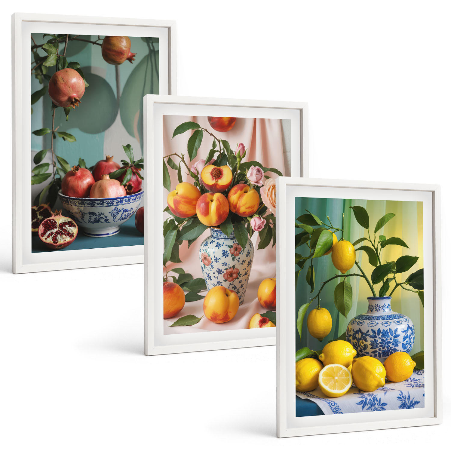 BILDER SET 3er Set - 40x60 cm Weißer Rahmen - Granatäpfel, Pfirsiche, Zitronen - Weiß, Kunststoff (40/60cm) - TULUP