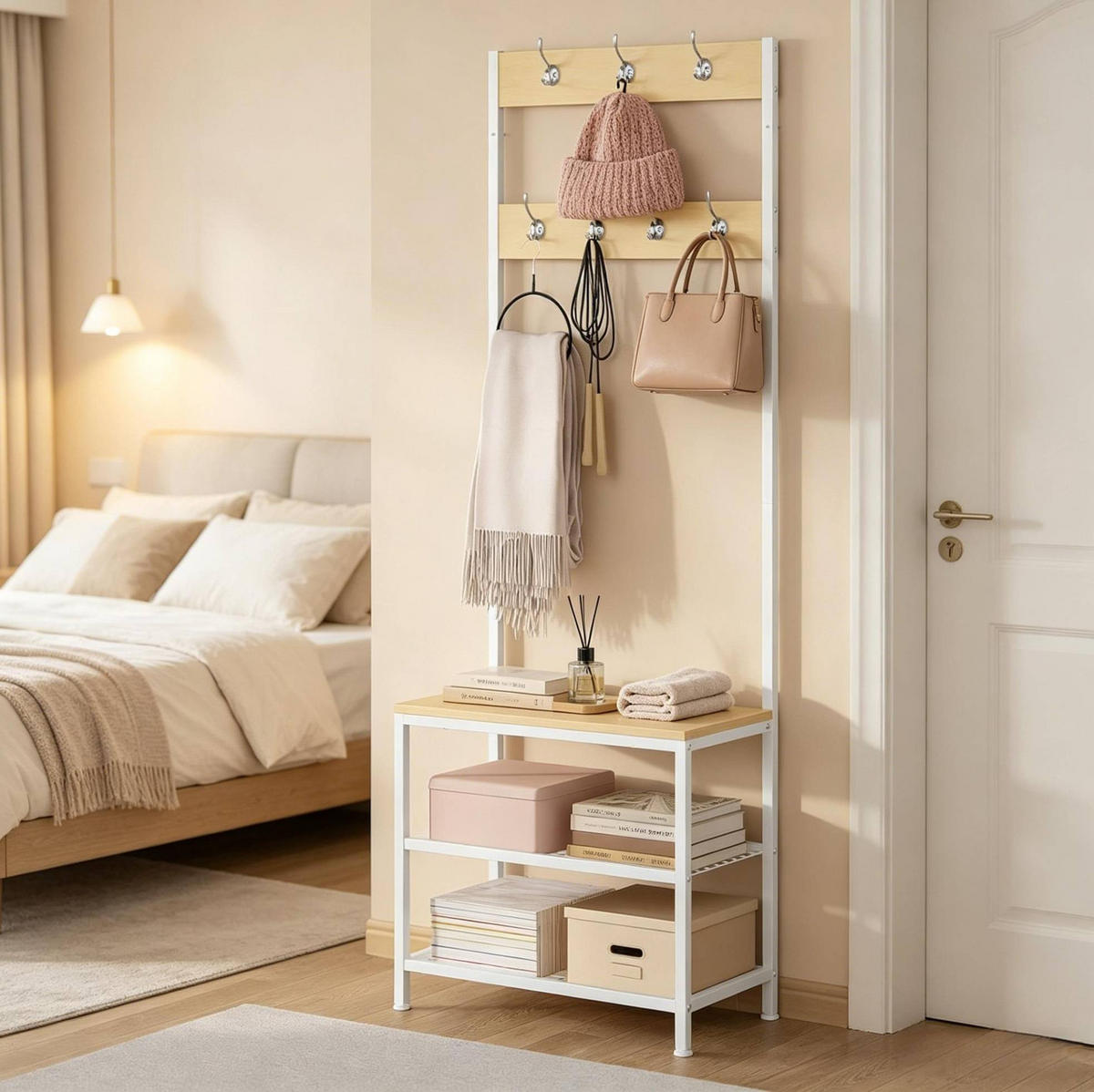 GARDEROBE 60/31,5/170 cm weiß aus Metall und Holz mit Schuhbank - Weiß, Metall (60/170/31.5cm) - OKWISH