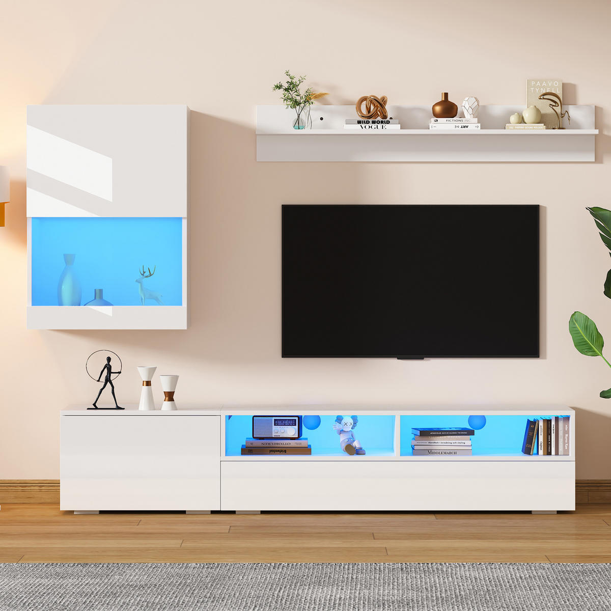 WOHNWAND 3-teilig LED Hochglanz TV Schrank Weiß - Weiß, Holzwerkstoff (175/34/39cm) - FLIEKS