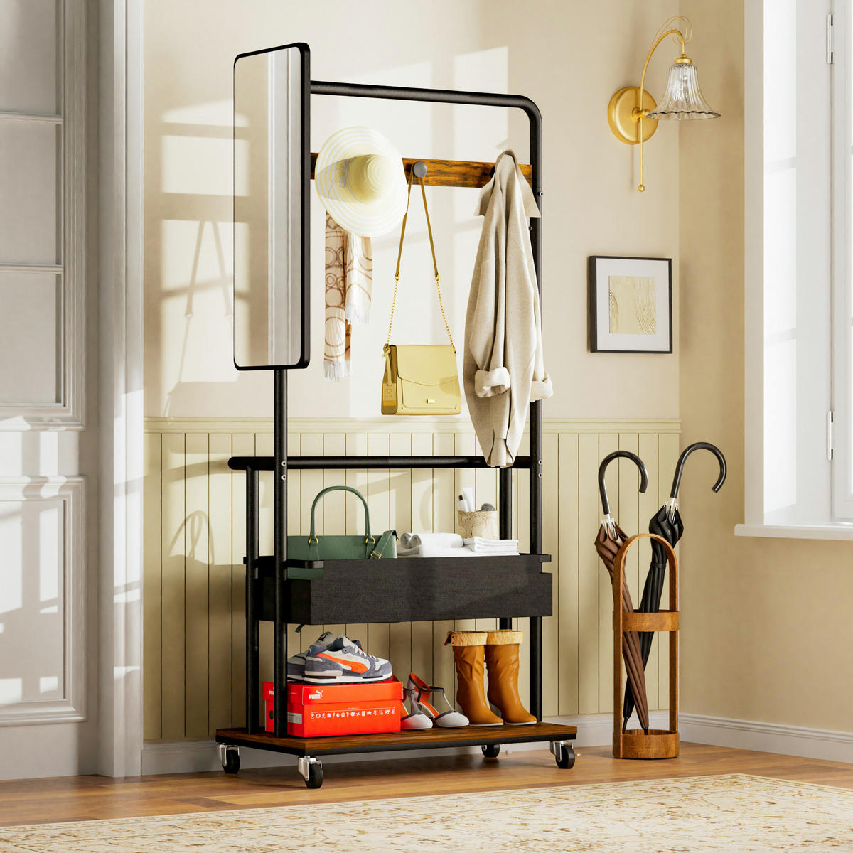 STANDGARDEROBE 70/40/170 cm mit Spiegel, Kleiderstange und Rollen - Schwarz, Holzwerkstoff (70/170/40cm) - BEAOK