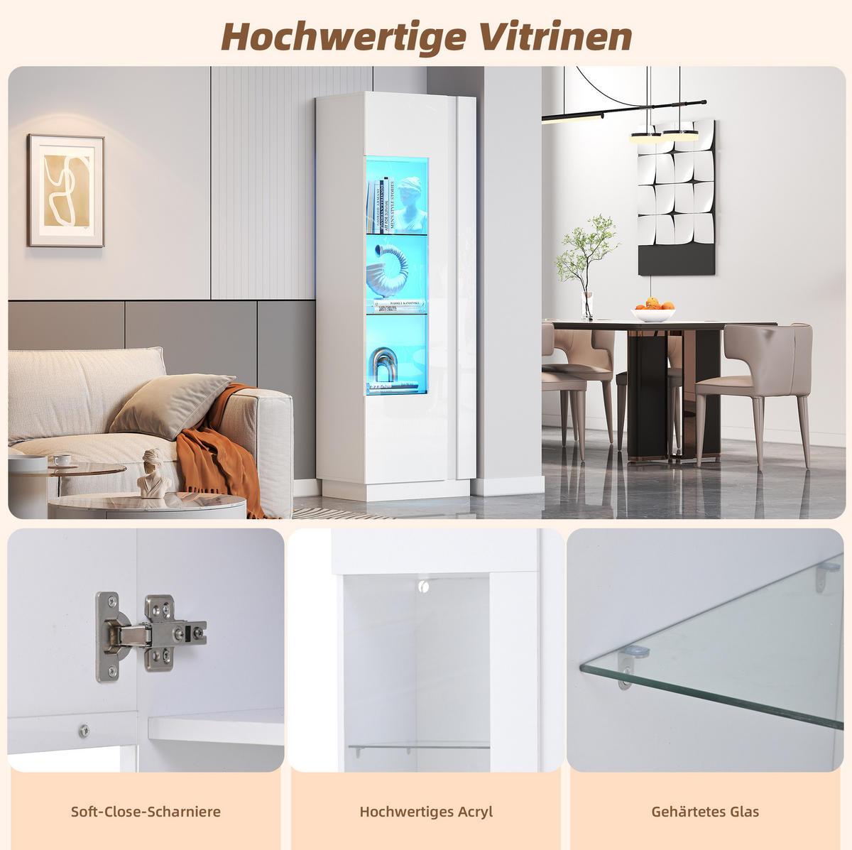 VITRINE 60/40/180 cm in Weiß mit LED-Beleuchtung und Acryltür - Weiß, Holzwerkstoff (60/180/40cm) - Flora Grace