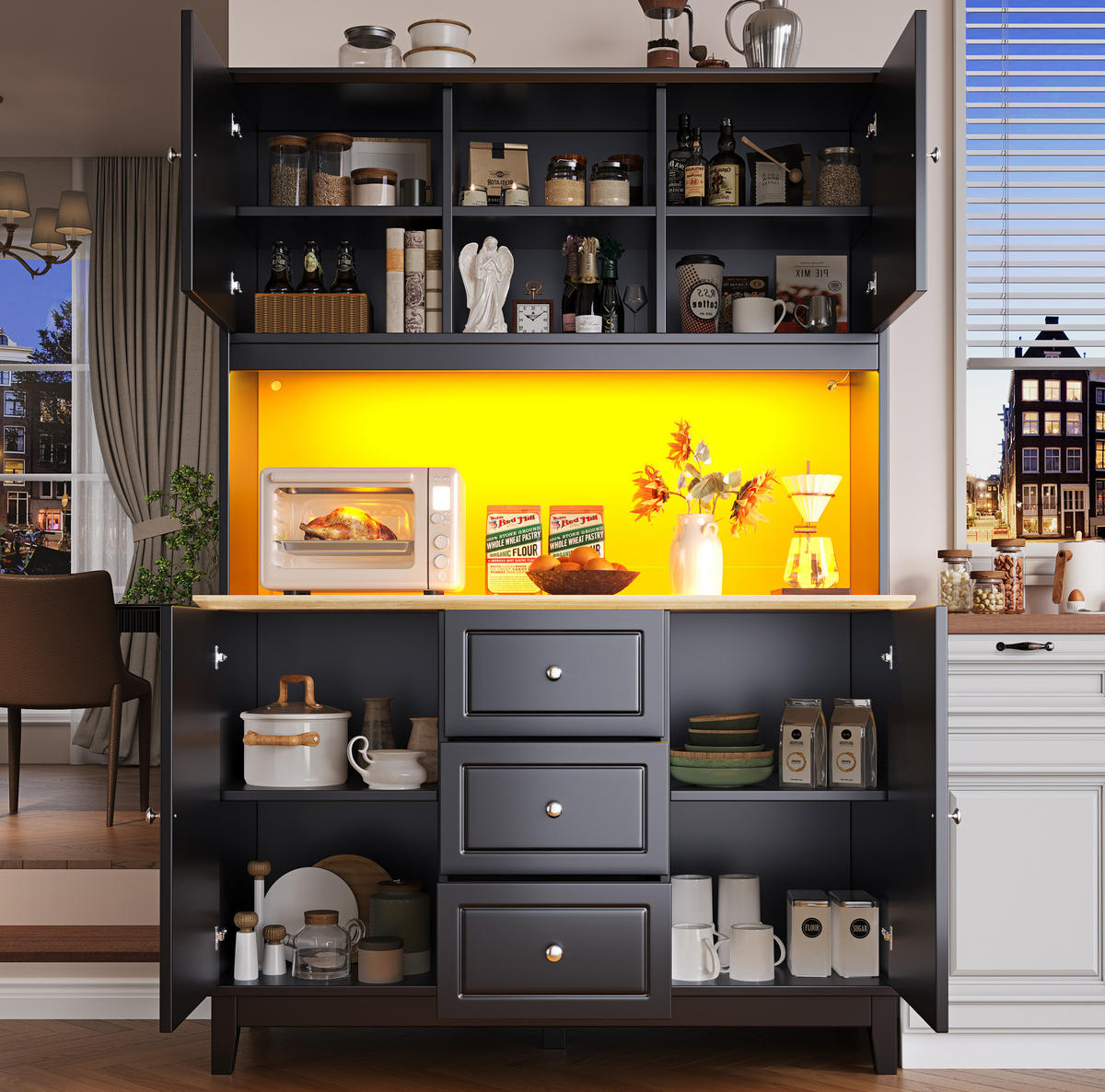 BUFFET 120/40/180 cm aus MDF mit App-gesteuerter LED-Beleuchtung Schwarz/Natur - Schwarz, Holzwerkstoff (120/180/40cm) - Modenvie