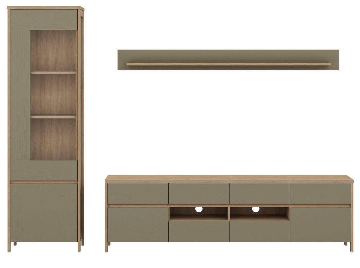 WOHNWAND Salbei grün, Eiche skandinavisch, Wohnkombination 3-teilig 266 cm mit Soft-Close - Salbeigrün/Eichefarben, Holzwerkstoff/Metall (266/195/39cm) - Furn.Design