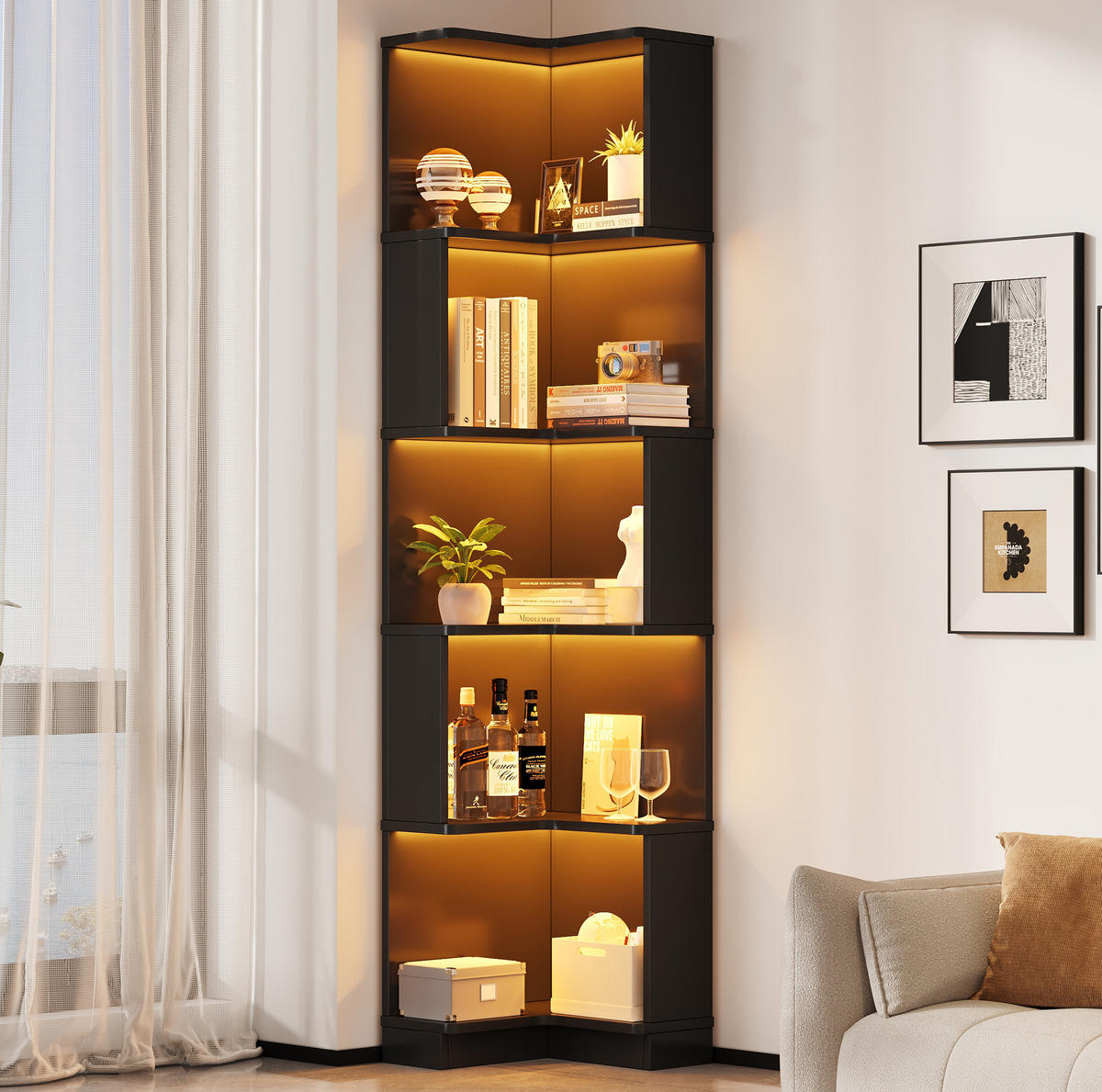 ECKBÜCHERREGAL mit LED-Lichtleiste 63,5 x 45 x 175 cm MDF Schwarz - Schwarz, Holzwerkstoff (45/175/63.5cm) - Beauniv