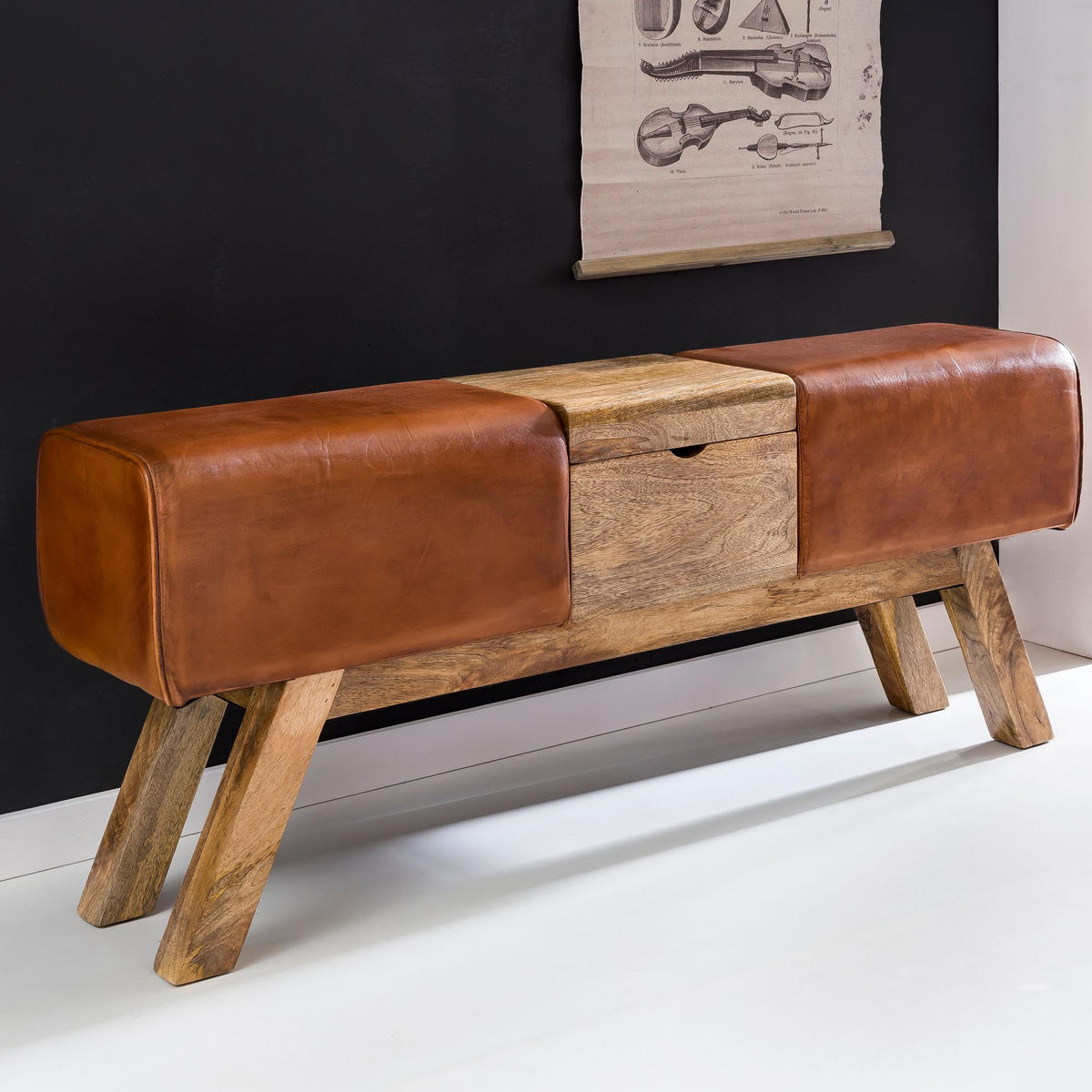 SITZBANK – Echtleder/Holz, 120 cm, Retro-Stil, mit Stauraum - Braun, Leder/Holz (120/53/29cm) - KADIMA DESIGN