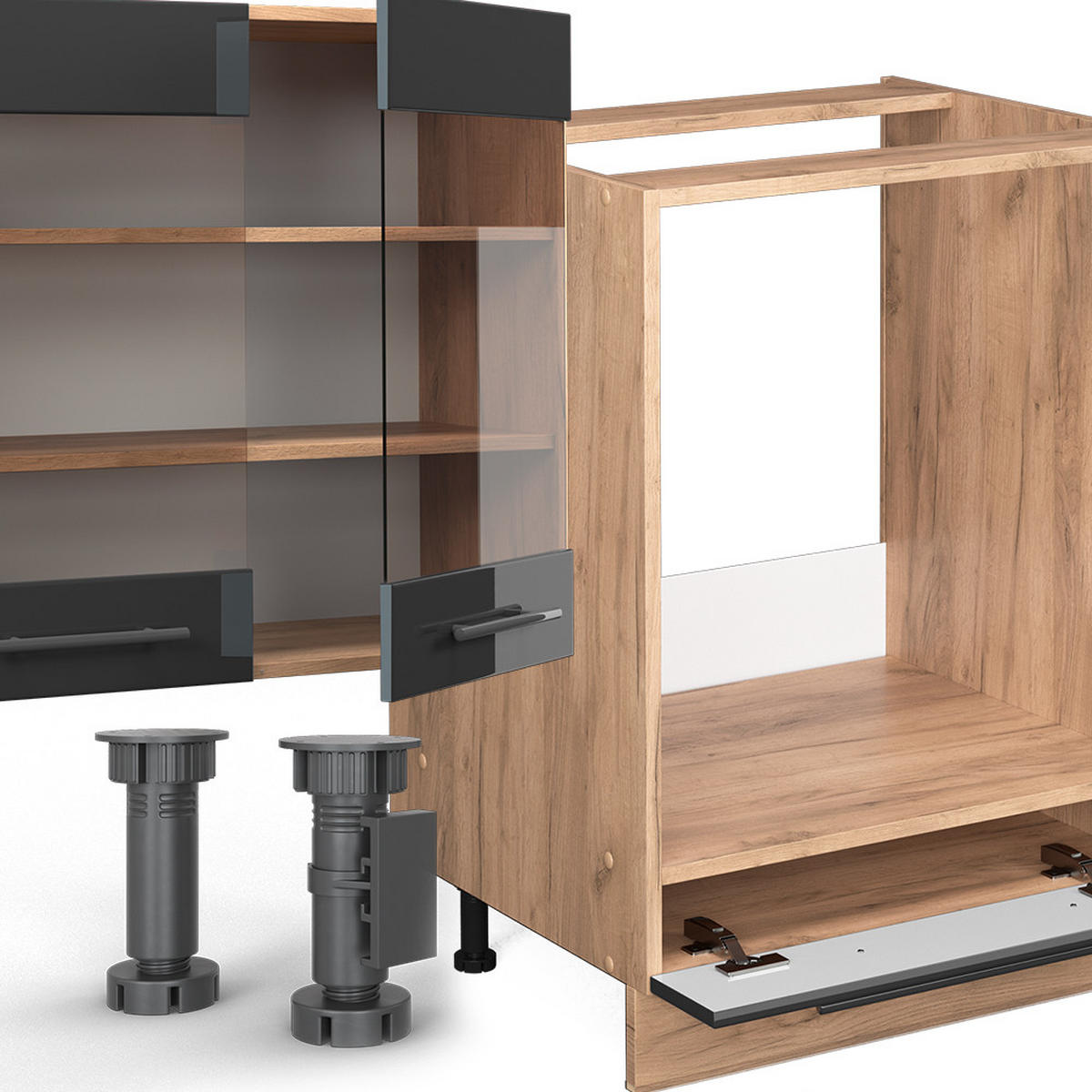KÜCHENZEILE Fame-Line Anthrazit Hochglanz/Goldkraft Eiche 300 cm AP Eiche - Honigeiche/Anthrazit, Holzwerkstoff (300/81.6/60cm) - Vicco