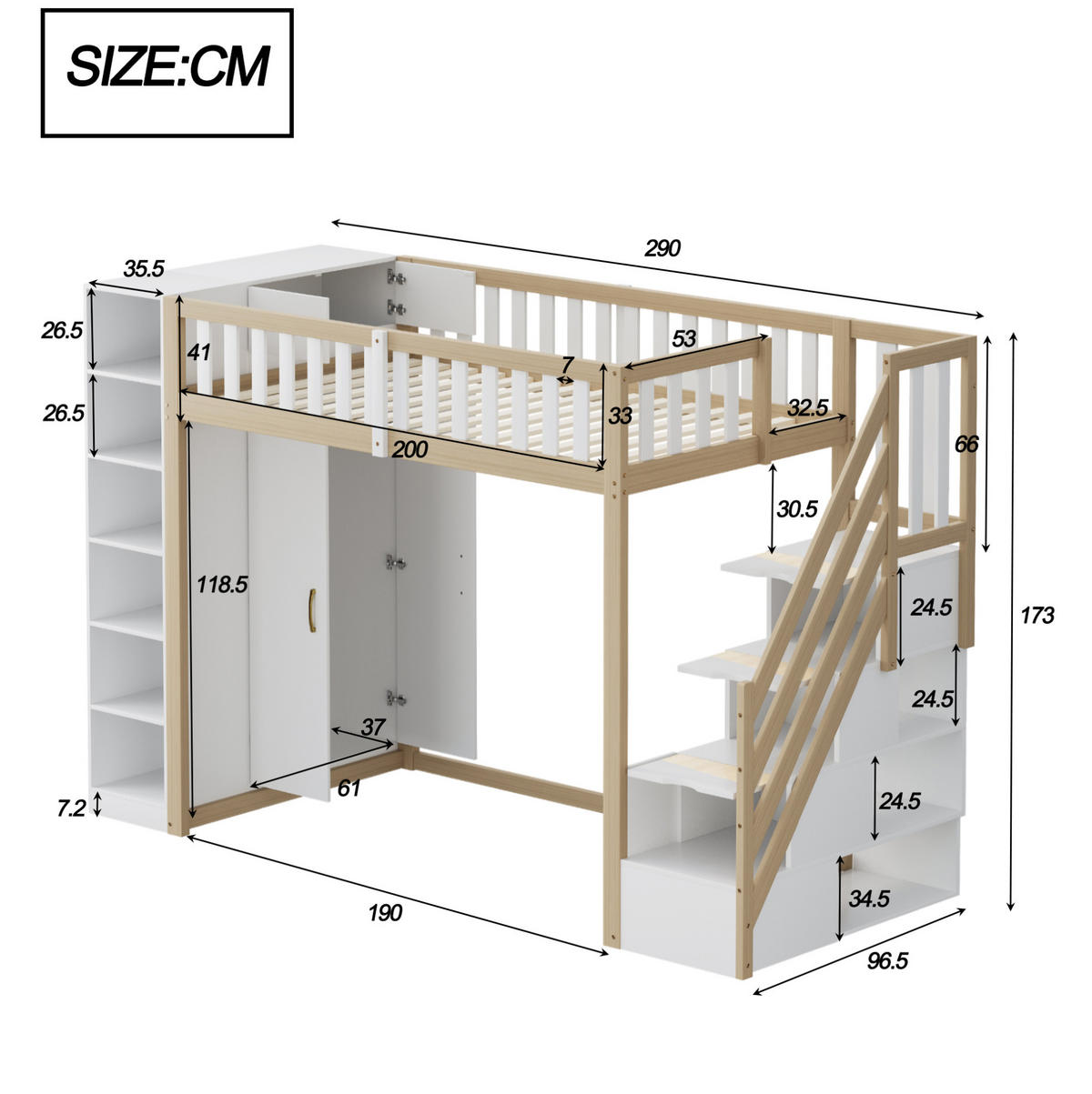 HOCHBETT 90/200 cm mit Kleiderschrank und Regalen, Weiß/Naturholz - Weiß, Holzwerkstoff (90/200cm) - Flora Grace