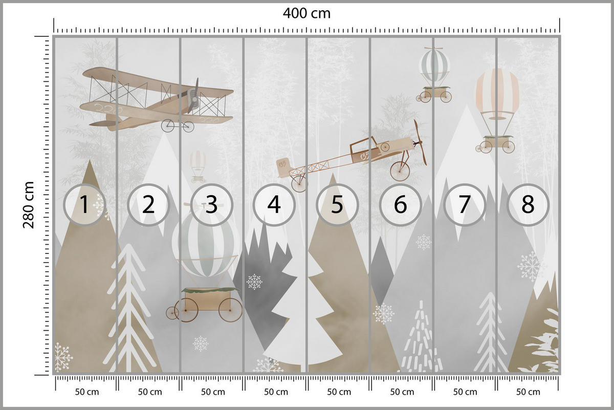 FOTOTAPETE für Kinderzimmer Flugzeuge Bergen Bäume 400x280 - Beige/Braun, Papier (400/280cm) - Muralo