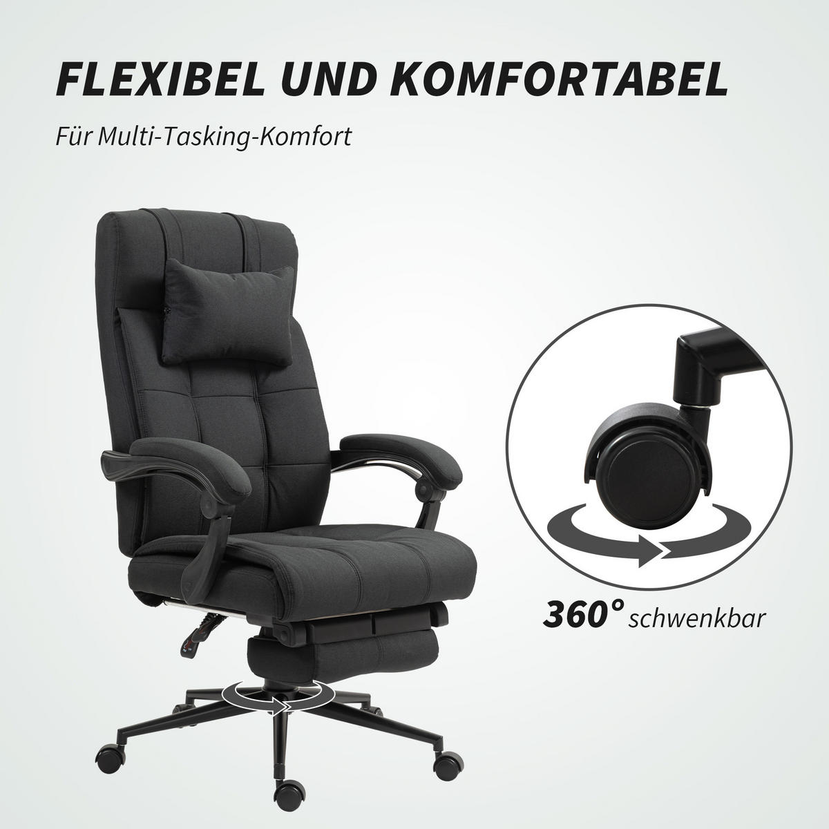 BÜROSTUHL mit Liegefunktion, Schwarz - Schwarz, Kunststoff (66/120/76cm) - Vinsetto