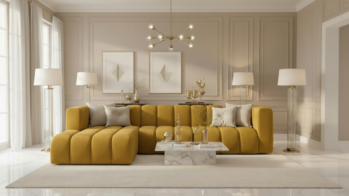 ECKSOFA L-Form GRAND 318 cm, Stoff Salvador, Gelb, Links - Gelb, Holz (318/179cm) - Kaiser Möbel