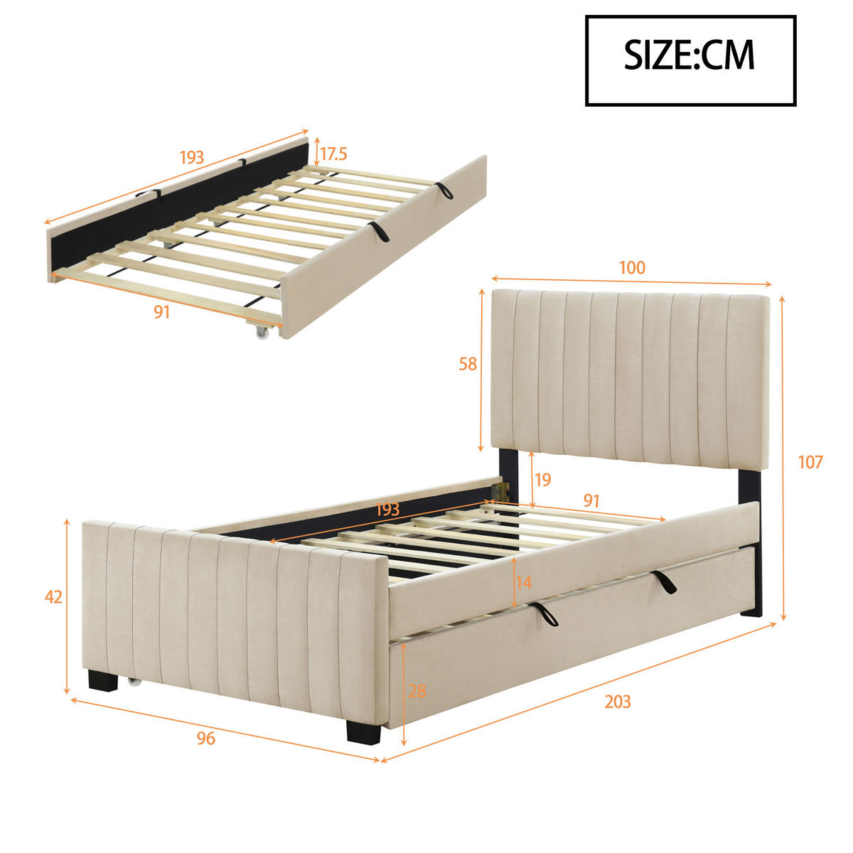 POLSTERBETT aus Samtstoff 90x190 cm in Beige mit Ausziehbett - Beige, Textil (90/190cm) - Modfu