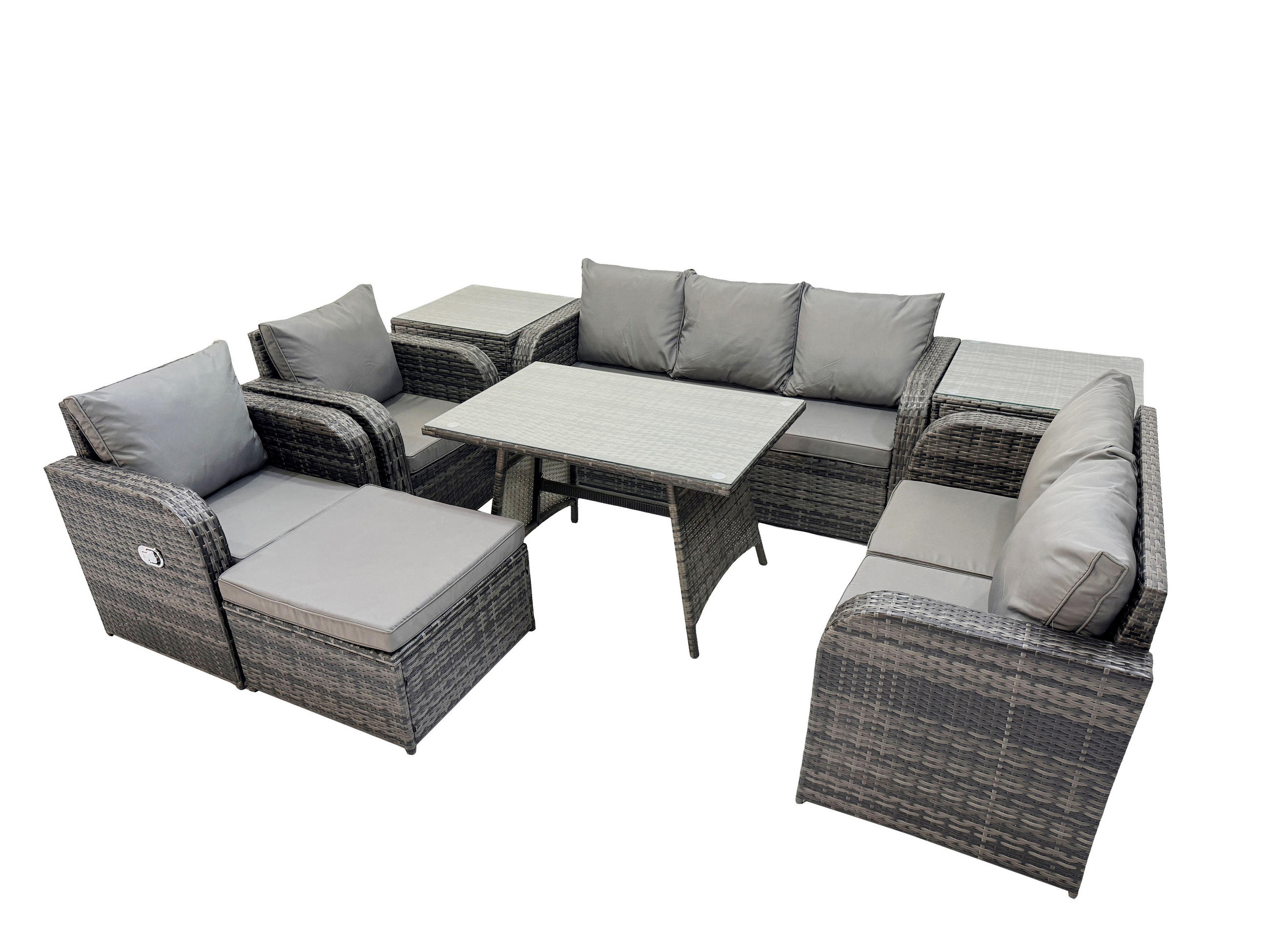 GARTENMÖBEL SET Polyrattan Dunkelgrau 8-Sitzer - Dunkelgrau/Grau, Glas/Kunststoff - Fimous
