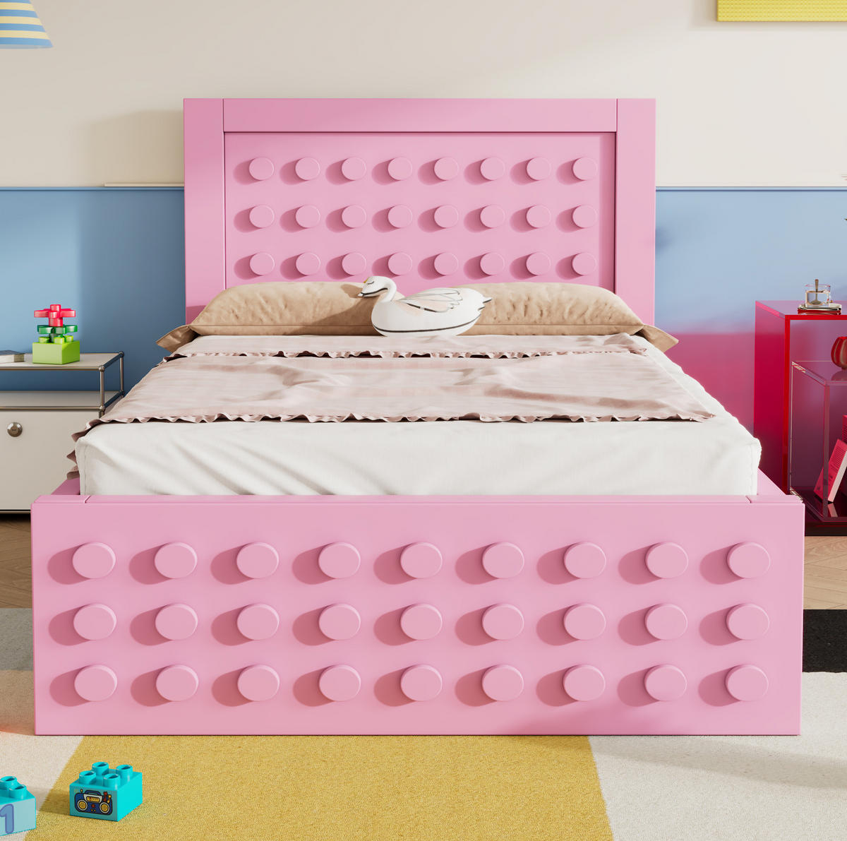 KINDERBETT 90/190 cm Rosa mit kreativem Blockdesign und Stauraum - Pink, Holzwerkstoff (90/190cm) - OKWISH