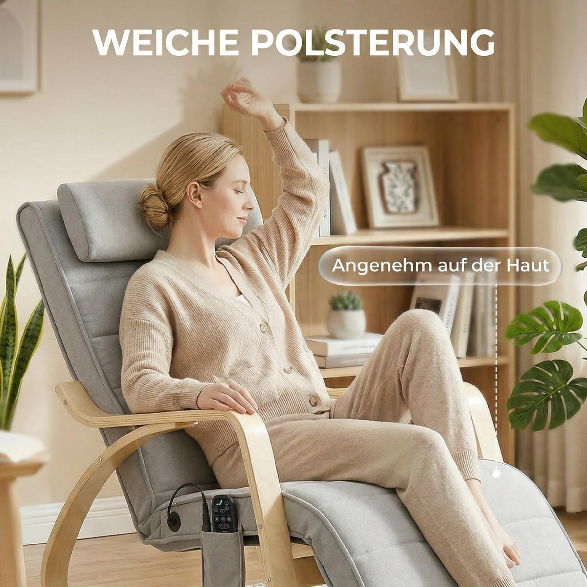 SCHAUKELSTUHL DE-07602 mit Massage, Heizung und Kopf- & Fußstütze Hellgrau - Hellgrau, Textil (67/92/106cm) - ComfortXL