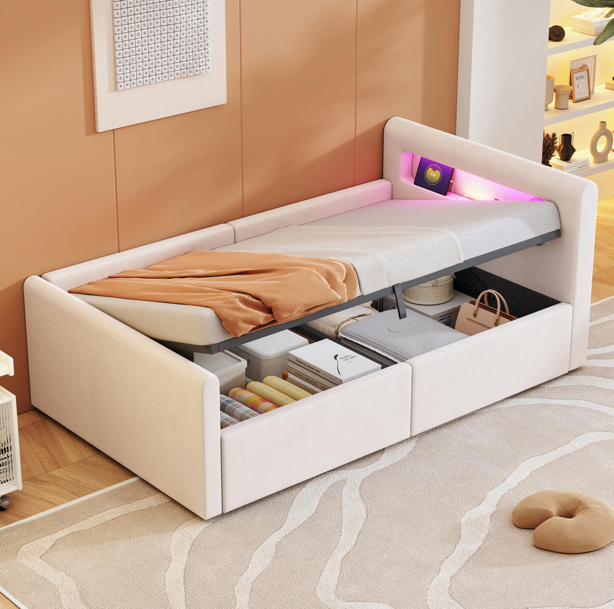 KINDEREINZELBETTEN aus Samtstoff 90x200 cm in Beige mit LED & USB & Stauraum - Beige, Textil (90/200cm) - Modfu