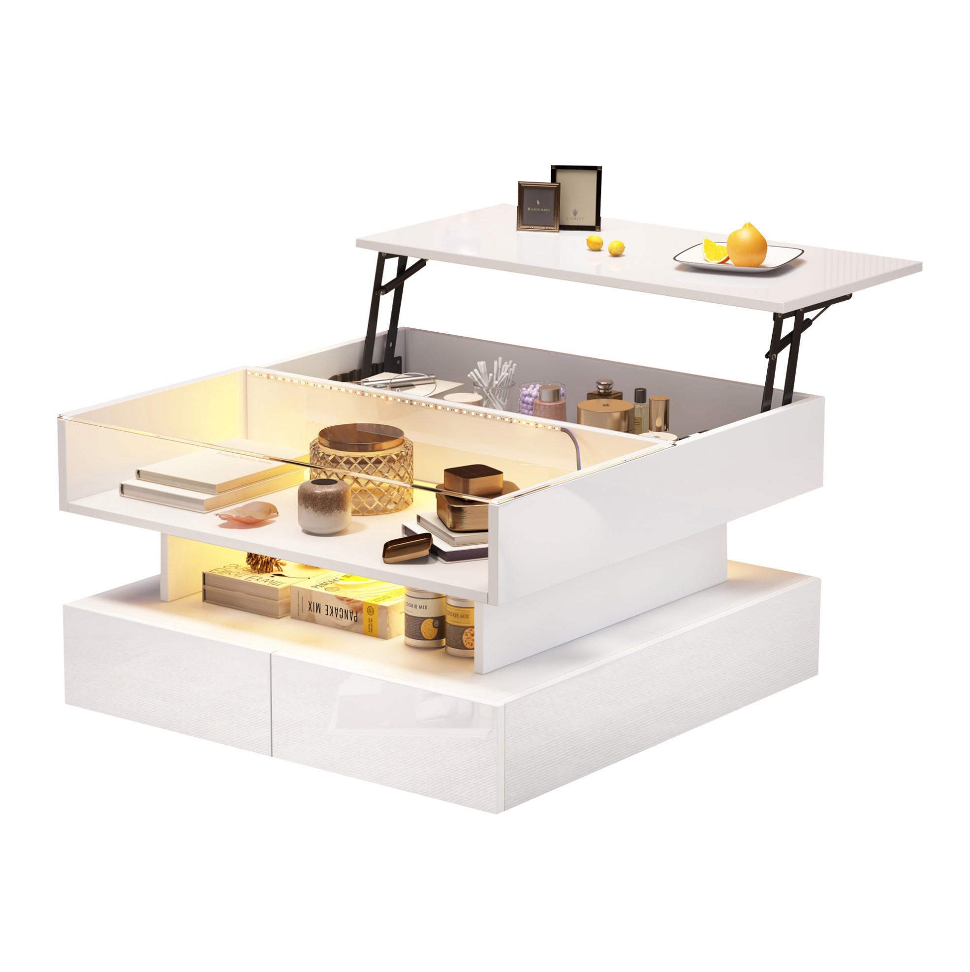 COUCHTISCH 80/80/45 cm weiß aus Spanplatte und gehärtetem Glas mit LED und Stauraum - Weiß, Holzwerkstoff (80/80/45cm) - OKMYHOME