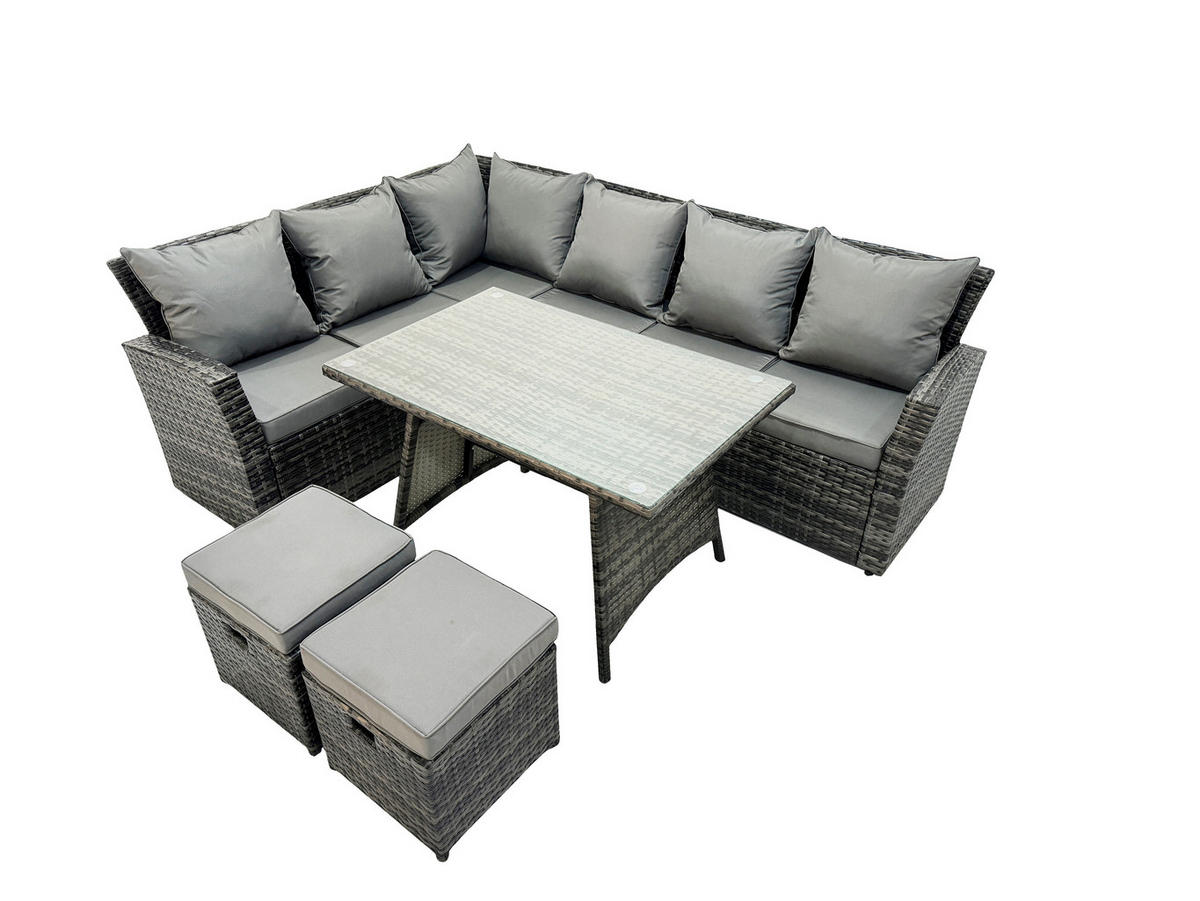 GARTENTISCHGRUPPE Polyrattan Dunkelgrau 8-Sitzer - Dunkelgrau/Grau, Glas/Kunststoff - Fimous