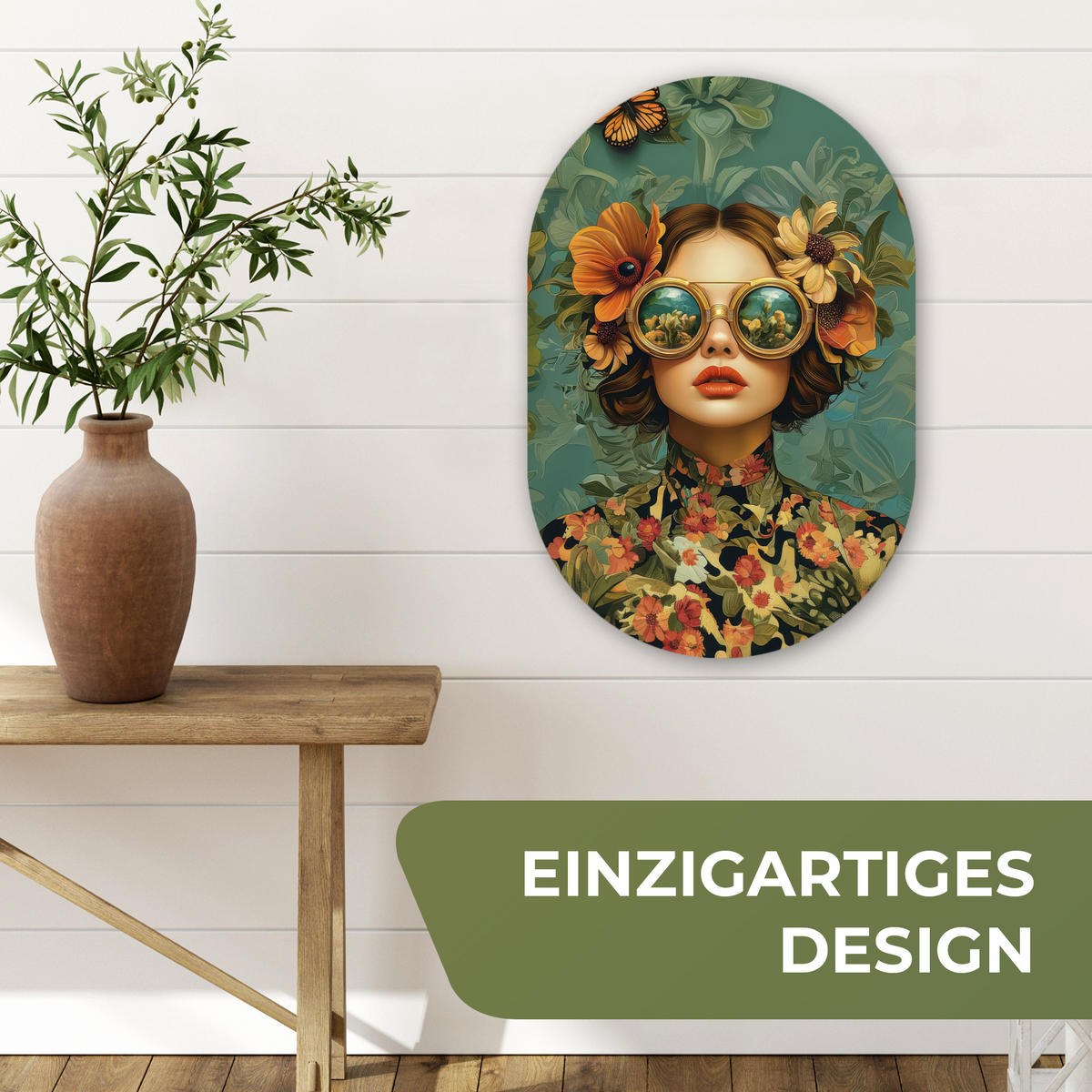 WANDBILD Frau - Blumen - Schmetterlinge - Natur - Vintage 40x60 cm - Petrol, Kunststoff (40/60cm) - MuchoWow