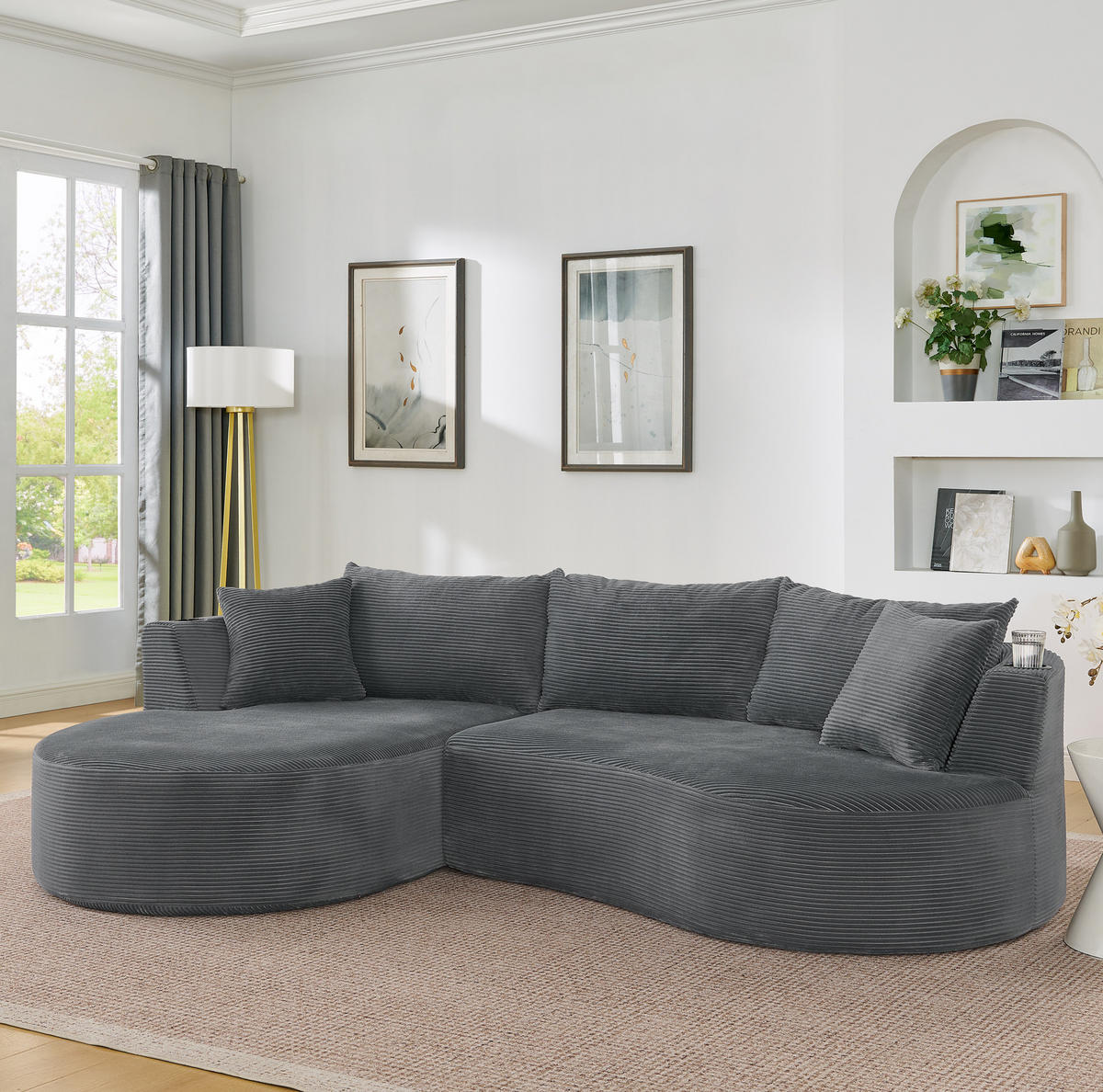 3-SITZER-SOFA mit Getränkehaltern, Kissen und bogenförmigem Design aus weichem Kordstoff, Grau - Grau, Kunststoff (264/76/168cm) - Redom