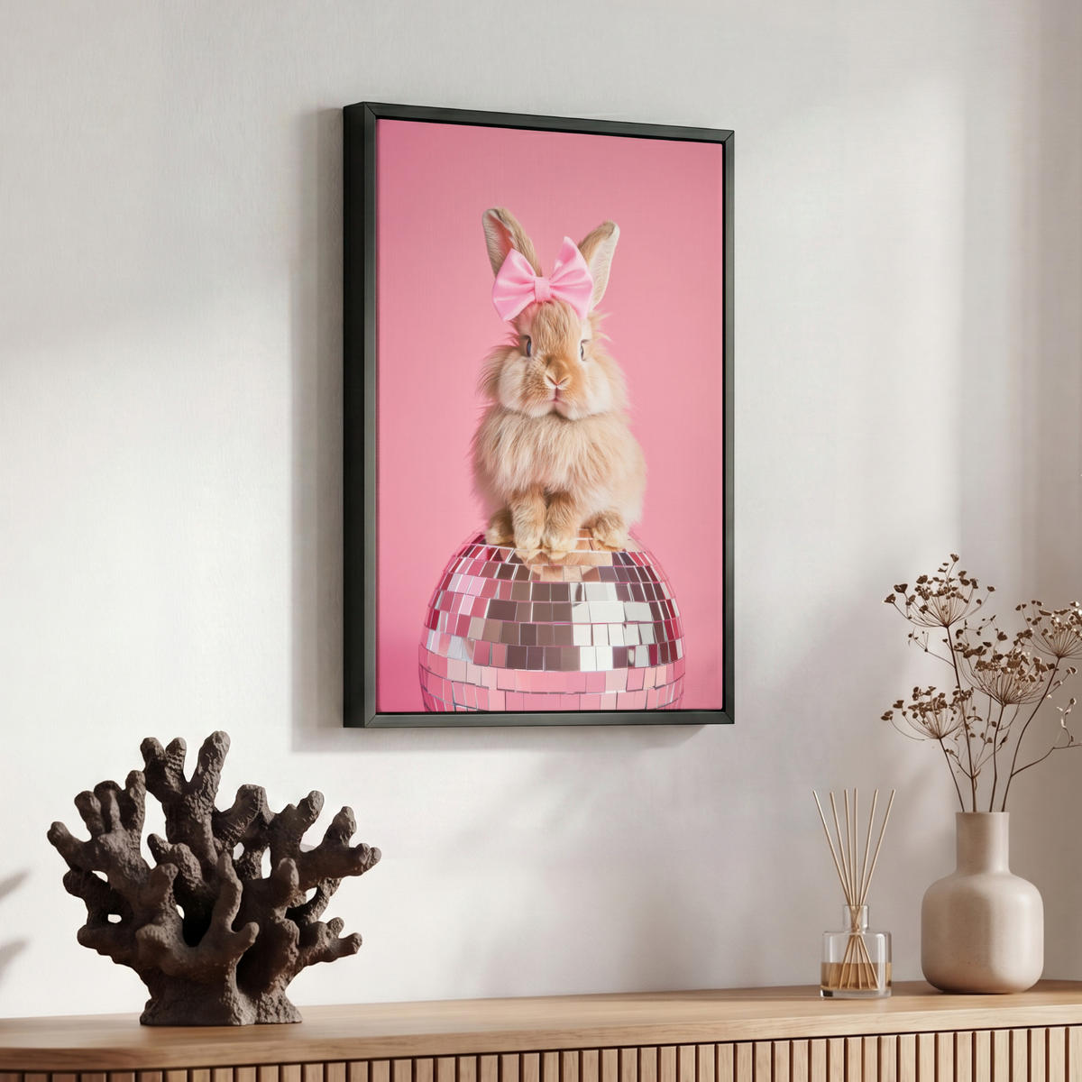 LEINWAND Bilder mit Rahmen - Schleife - Discoball - Kaninchen - 30x40 - Pink, Textil (30/40cm) - MuchoWow