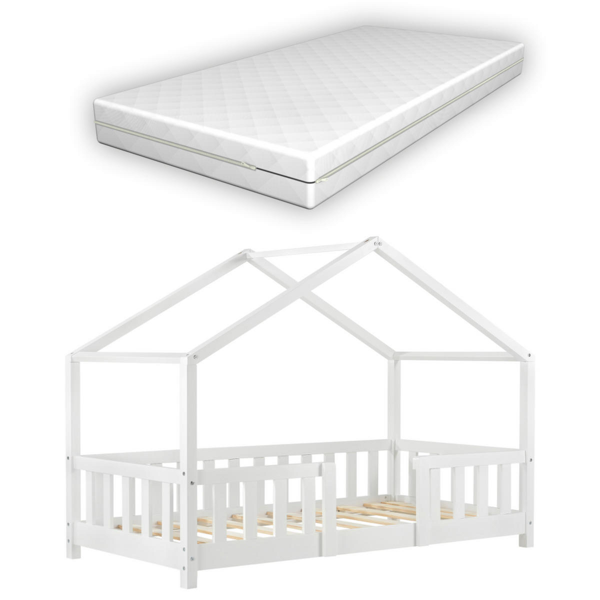 HAUSBETT Treviolo mit Matratze - Weiß, Holz/Textil (70/140cm) - [en.casa]