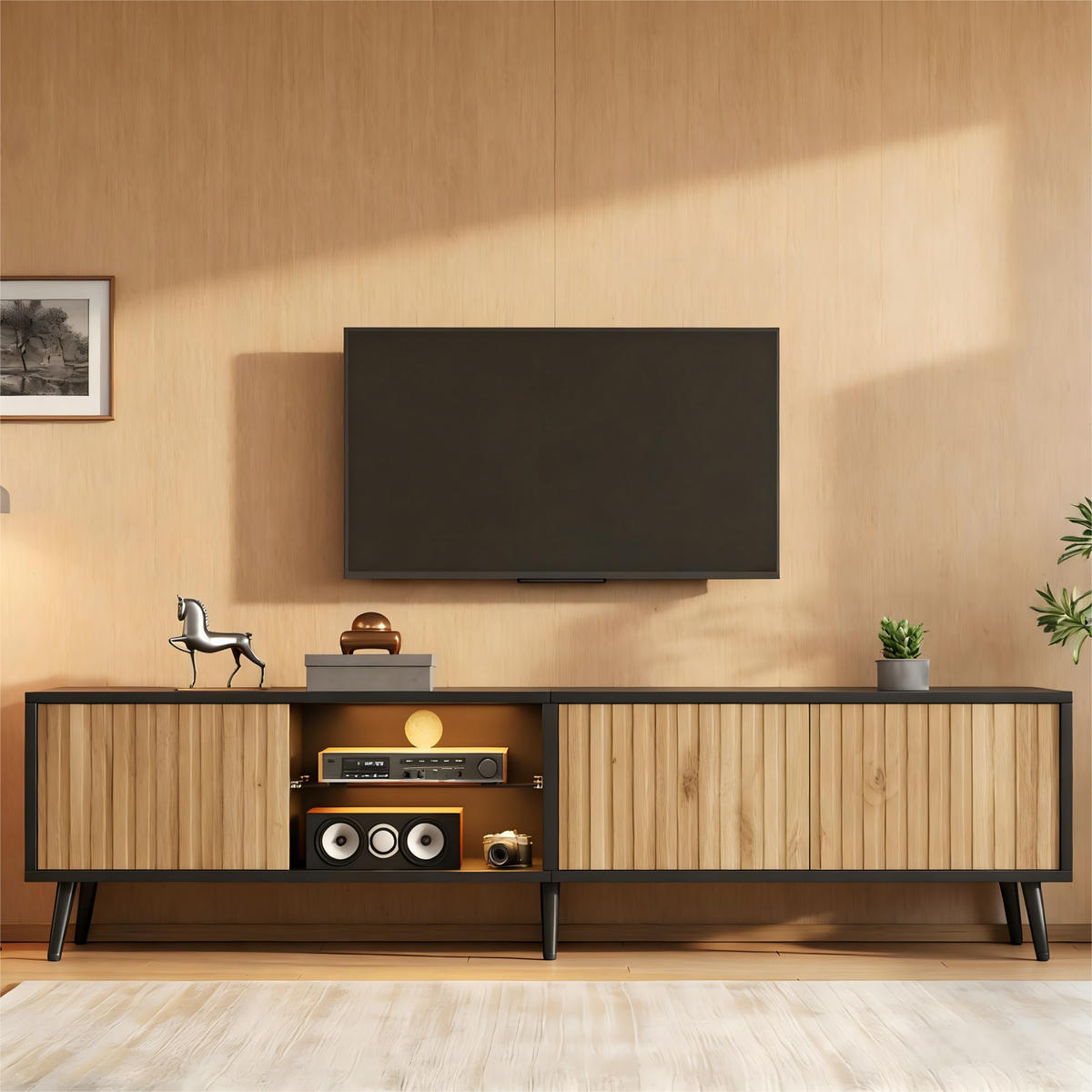 LOWBOARD in Holzoptik TV-Schrank mit LED für das Wohnzimmer, B175/T31/H43,5 cm - Schwarz/Naturfarben, Glas/Holzwerkstoff (175/43.5/31cm) - STILVORA