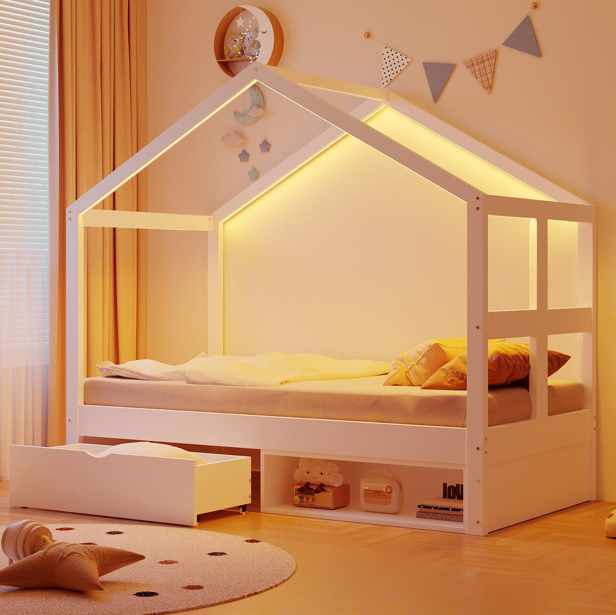 JUGENDBETT 90/190 cm aus Kiefernholz mit Schublade Schuhschrank und LED-Beleuchtung Weiß - Weiß, Holz (90/190cm) - Modenvie