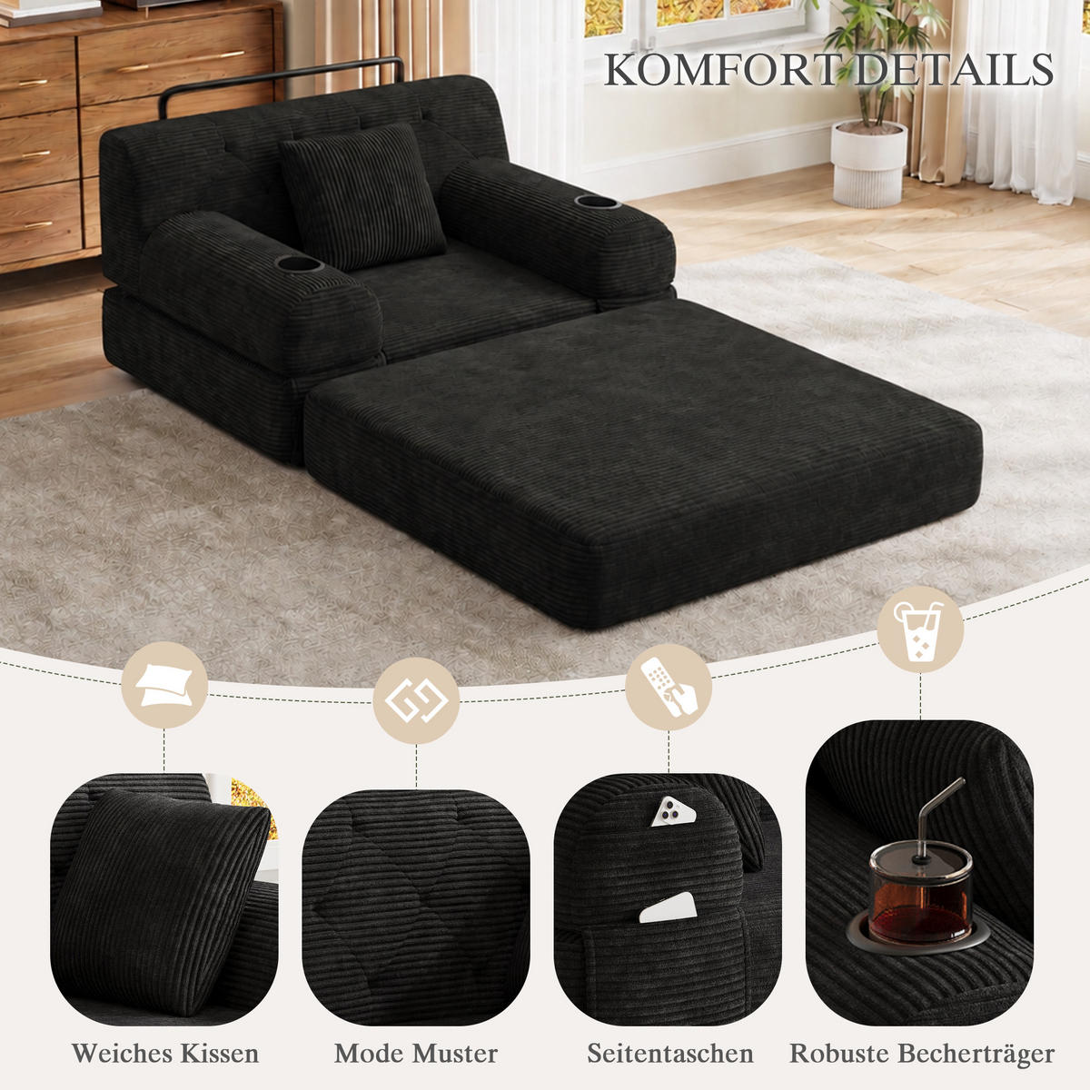 SCHLAFSESSEL Cord komprimiert, DE-42543, Schwarz - Schwarz, Metall (107/81/80cm) - ComfortXL