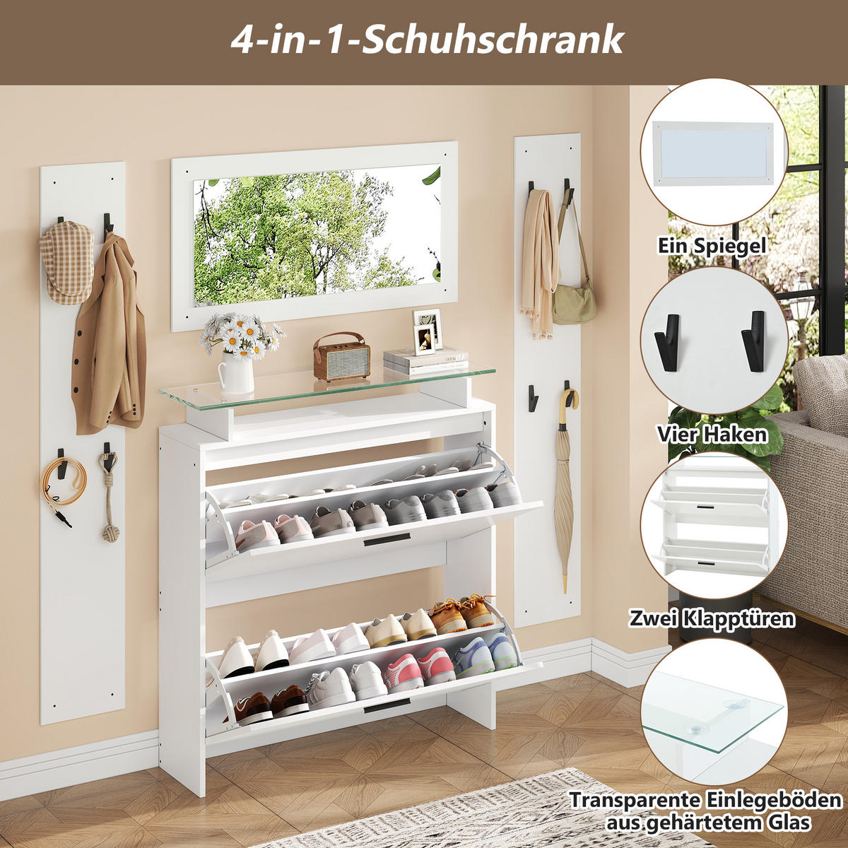 KOMPAKTGARDEROBE Spiegel Hochglanz Schuhschrank 8 Haken - Weiß, Holzwerkstoff (89.5/96.5/23cm) - FLIEKS
