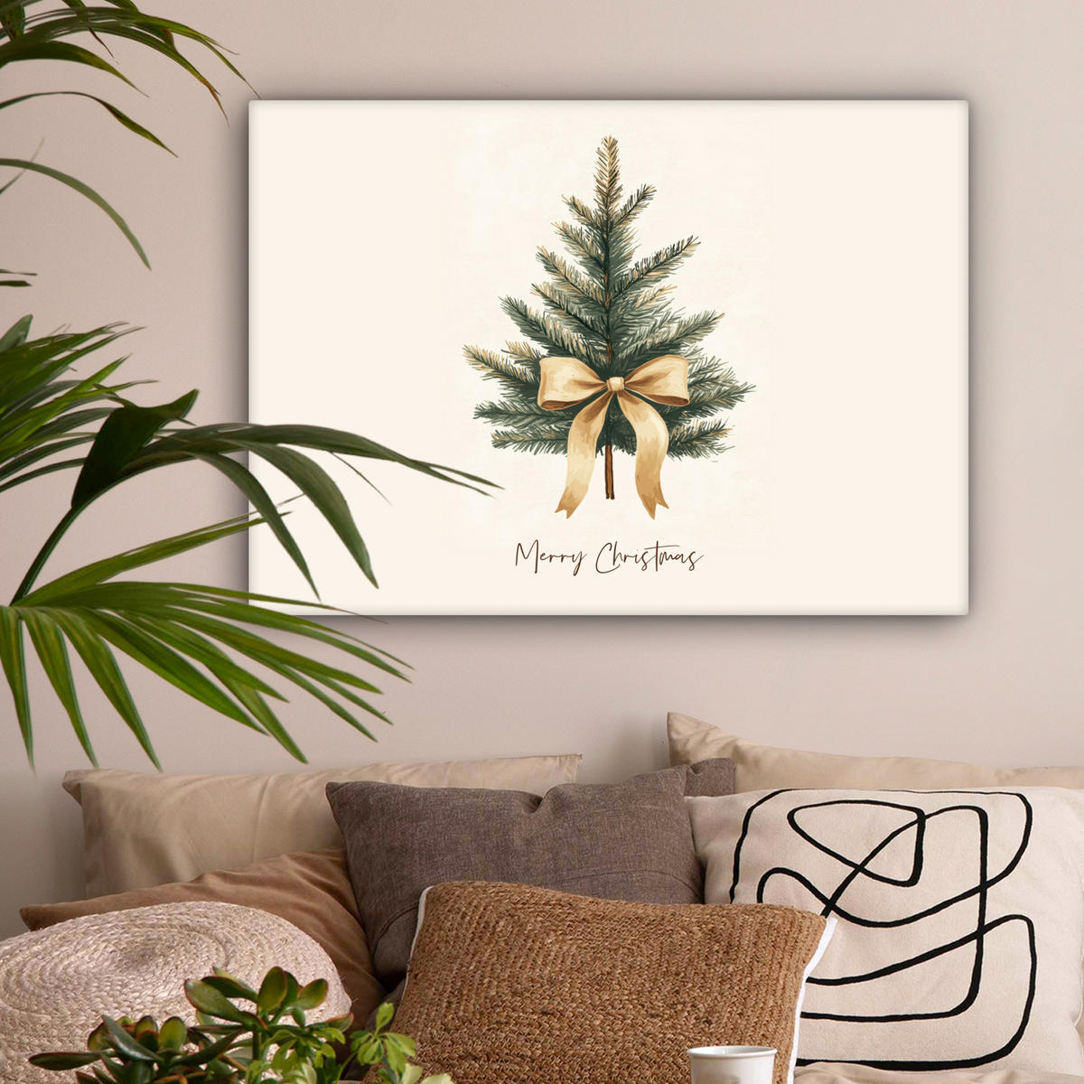 LEINWANDBILD Weihnachtsbaum - Weihnachten - Frohe Weihnachten - Beige Wandbilder 80x60 cm - Sandfarben, Textil (80/60cm) - MuchoWow