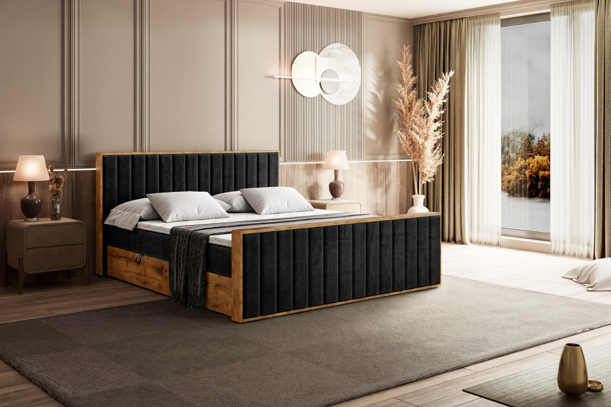 BOXBETT mit Matratze H4 und Lattenrost - LOLLI4-Z - 160x200 - Schwarz Casablanca - Schwarz, Holzwerkstoff (160/200cm) - ALTDECOR