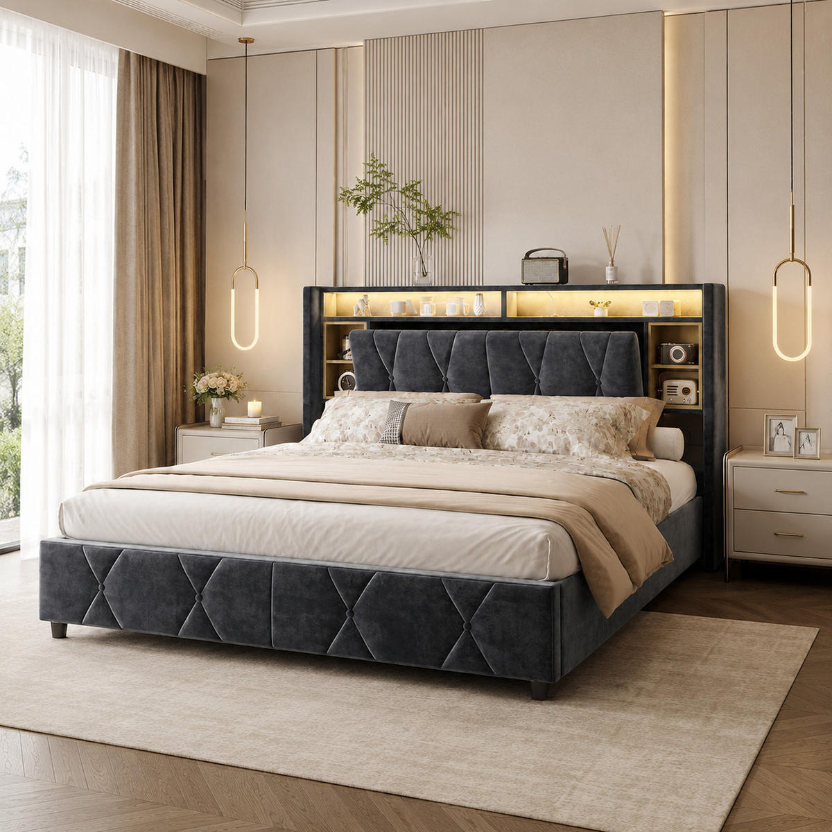 POLSTERBETT 140/200 cm mit Stauraum‑Kopfteil, LED‑Beleuchtung & USB‑Anschluss, Samtbett mit integrierter Ablage - Grau, Holz/Metall (140/200cm) - Joyfair