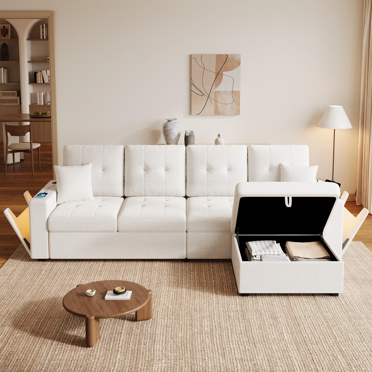 ECKSOFA 253/144.5/80.7 cm Beige mit Aufbewahrungshocker, LED Stimmungslicht und Stauraum - Beige, Textil (253/144.5cm) - Oxeza
