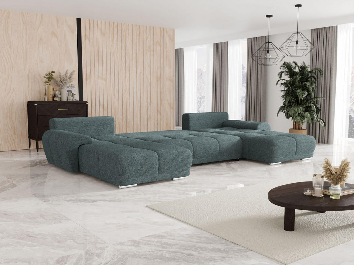 ECKSOFA BEGA U Links ARAGON 75 mit Schlaffunktion - Blau, Textil (372/87/185cm) - Bedante