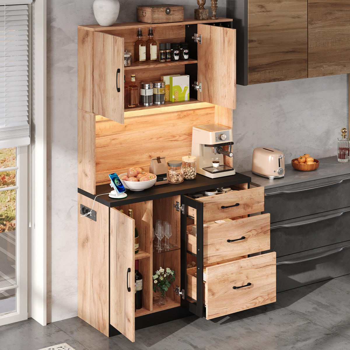 BUFFET aus MDF 105x40x180 cm Neutral mit LED-Beleuchtung, verstellbaren Einlegeböden und Steckdosenleiste - Naturfarben, Holzwerkstoff (105/180/40cm) - Modfu