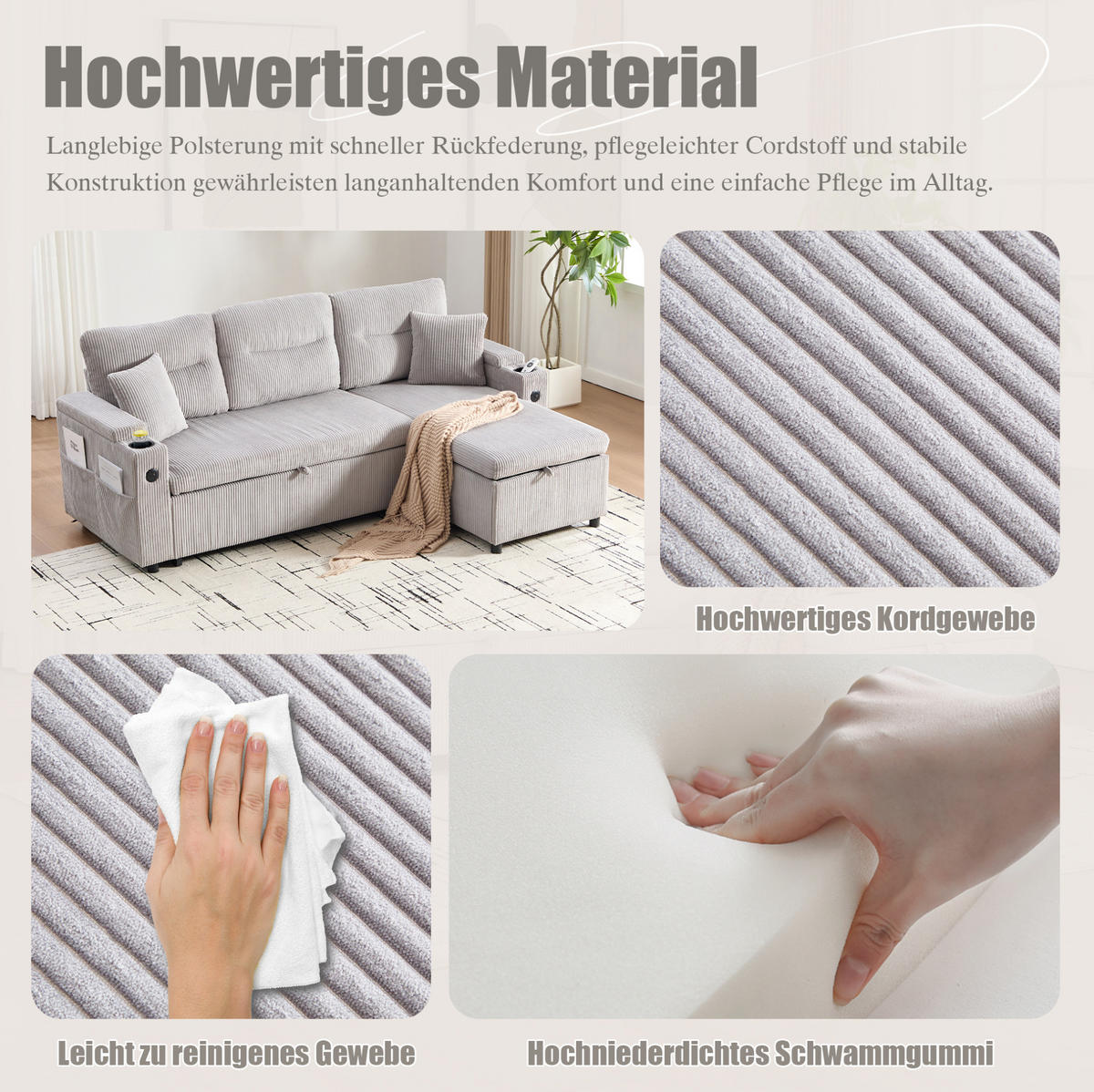 SOFA 212,5/136/86 cm in Hellgrau mit Stauraum, USB- und Type-C-Anschlüssen - Hellgrau, Textil (136/86/212.5cm) - Flora Grace