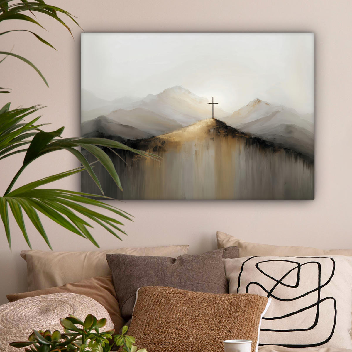 LEINWANDBILD Hügel - Abstrakt - Kreuz - Christentum Wandbilder 80x60 cm - Beige, Textil (80/60cm) - MuchoWow