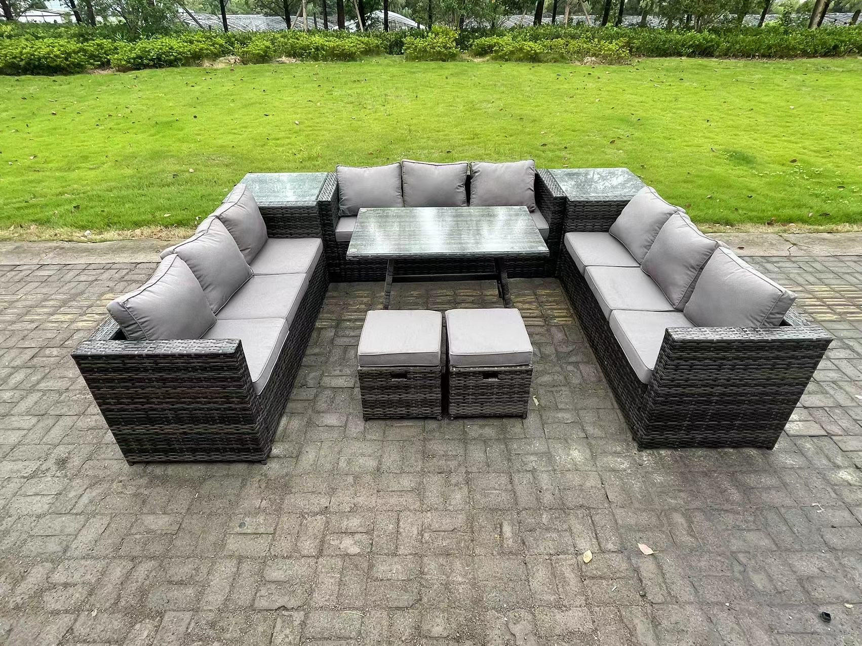 GARTENMÖBELSET mit Beistelltisch 11-Sitzer Grau - Dunkelgrau/Grau, Glas/Kunststoff - Fimous